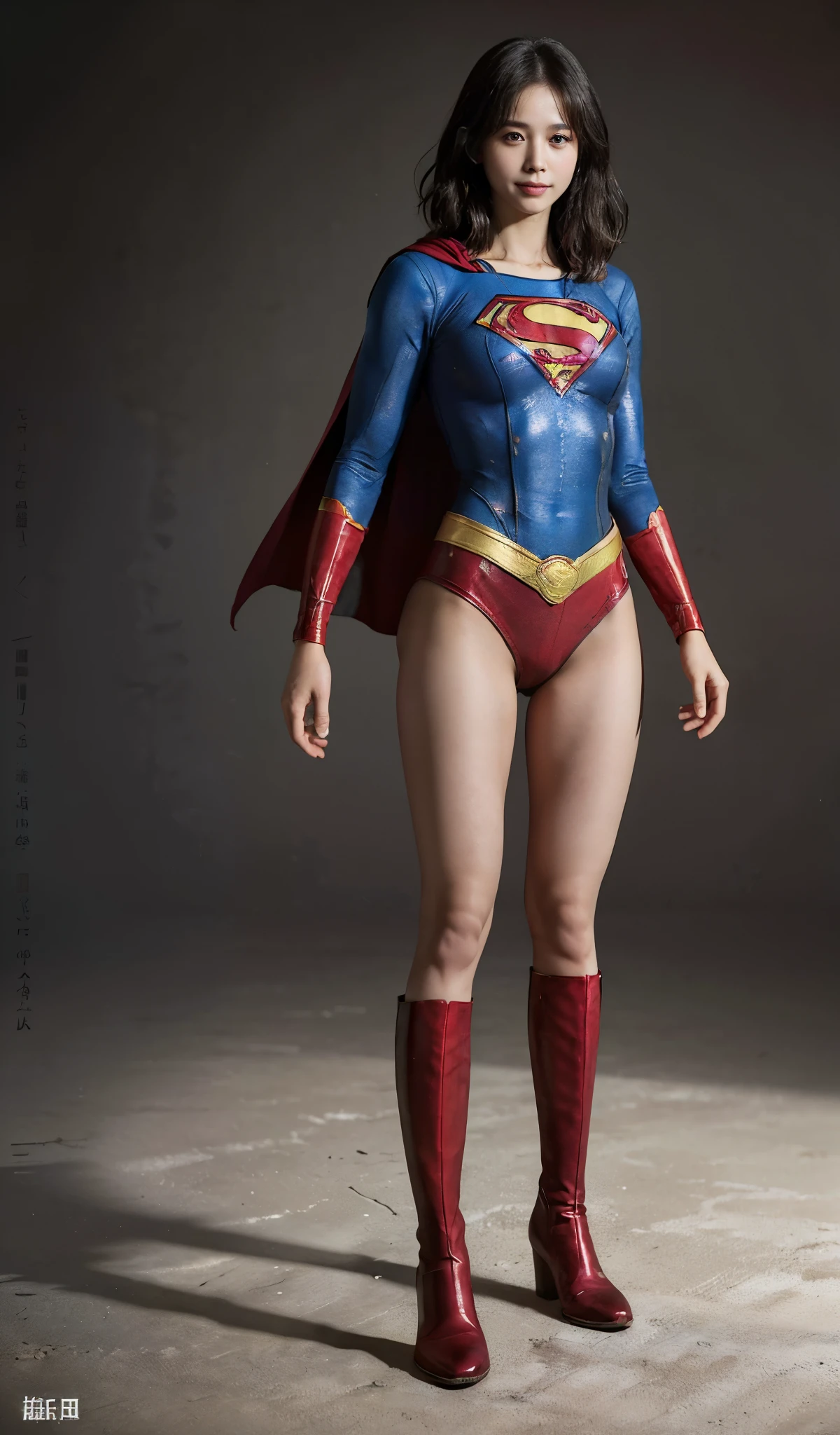 No background、(((Beautiful legs in black tights.)))、(((Legally express the beauty of your smile)))、((((Make the most of your original images)))、(((Supergirl Costume)))、(((beautiful short bob hair)))、(((suffering)))、(((Please wear black tights....、Wear red boots)))、((Best image quality、8K))、((highest quality、8K、masterpiece:1.3))、(((Preserve background )))、Sharp focus:1.2、Beautiful woman with perfect figure:1.4、Thin abdominal muscles:1.2、Wet body:1.5、Highly detailed face and skin texture、8K
