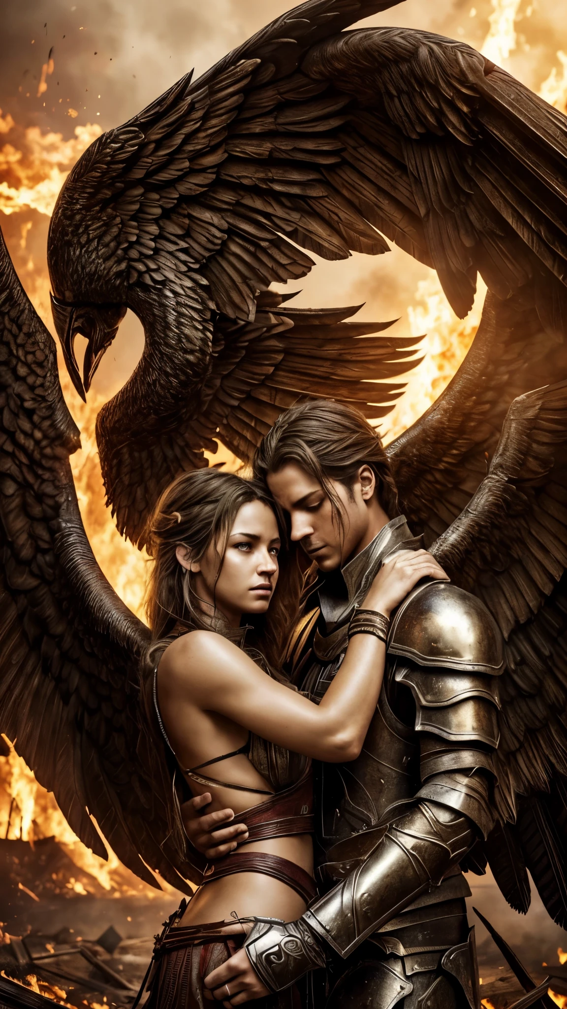 two Arch angels,one beautiful female and one strong male,in a tender moment embracing each other with the fires of hell behind them, they look exhausted, they have been involved in a fierce battle for a long time, weathered and beaten, but not defeated, still standing together.
(best quality,4k,8k,highres,masterpiece:1.2),ultra-detailed,(realistic,photorealistic,photo-realistic:1.37), intense fighting, dramatic lighting, powerful wings, heavenly aura, celestial beings, divine armor, worn-out and torn clothing, determination in their eyes, fiery background, smoke and flames, golden and red color palette, epic battle scars.