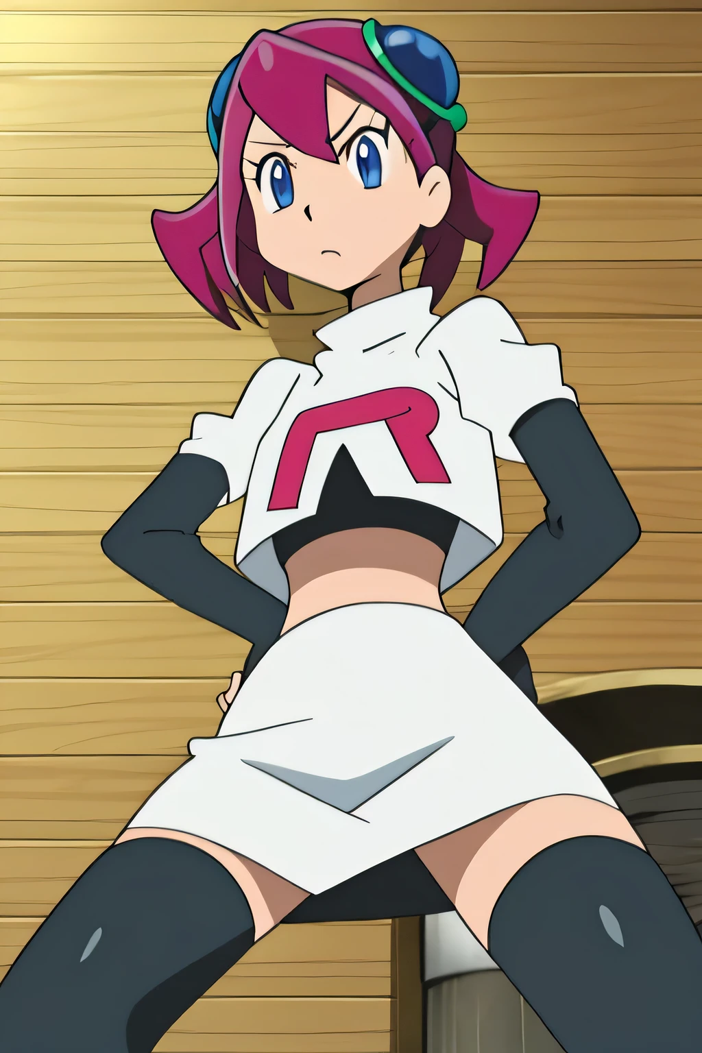 masterpiece,best quality,high res,high quality,8k, masterpiece,highres, team rocket uniform, red letter r, white skirt,white crop top,black thigh-high boots, black elbow gloves, glaring angrily, looking down at viewer, hands on hips, cowboy shot, zettai ryouiki,spread legs,from below, black panties,anime style, vivid colors, sharp focus, intense lighting,Yuzu Hiiragi,pink hair, blue eyes,hair ornaments, twintails