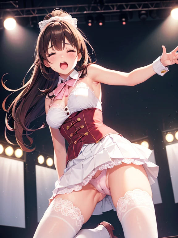 Adult female, number of fingers, number of feet, number of arms, bangs, ponytail with ribbon, brown hair, (blushing: 1), (hand on genitals: 1.8), finger insertion, (vaginal fluid: 1.2), in mouth, (woman holding microphone and trying to sing: 1.5), white and navy idol costume, the costume includes a navy idol-style corset. , the costume includes a ribbon in the collar. , the costume covers the shoulders, armpits, upper arms and arms. , the costume is open wide only at the chest. , high socks, idol-style white skirt, (no underwear), ribbon on collar, (white and pink panties with lots of lace: 1.3), white lace bra: 1.2), sexy underwear, knee-socks, beautiful small breasts, (erect nipples: 1), skirt lifted, highest quality, high resolution, (detailed and beautiful eyes: 1.6), very detailed face, perfect lighting, very detailed CG, (perfect hands, perfect anatomy), embarrassed expression, expression of holding back from going to the toilet, (expression of sexual pleasure: 1.4), (expression of agony: 1.2), eyes closed, sexy expression, looking up, mouth half open, climax, (live stage, large audience: 1.3), full body
