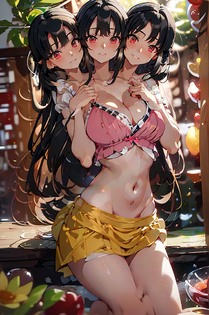 (masterpiece, best quality),best quality, (ultra-detailed), (3heads:1.5), 1girl, (houraisan kaguya:1.3), masterpiece, best quality, ultra quality, ultra resolution, ultra detail, pink top, crop top, ((stomach)), midriff, ((groin)), pink skirt, normal ears, shackles, black hair, very long hair, wavy hair, sidelocks, brown eyes, parted lips, open belly, sweat, cute, toned belly, hand on own chest, eyelashes, (24 year old woman:1.3), (masterpiece:1.5), (best quality:1.5), (beautiful detailed), extremely detailed CG, extremely delicate and beautiful, depth of field, (finely detailed face), (perfect details:1.2), (mature female:1.3), wide pelvis, slender, large veiny breast, 16k resolution, highres, high quality, high definition, extremely detailed, masterpiece, black hair, long hair, alluring presence, braid, short skirt, close up, big tits, young, hairband open belly, nsfw, midriff,