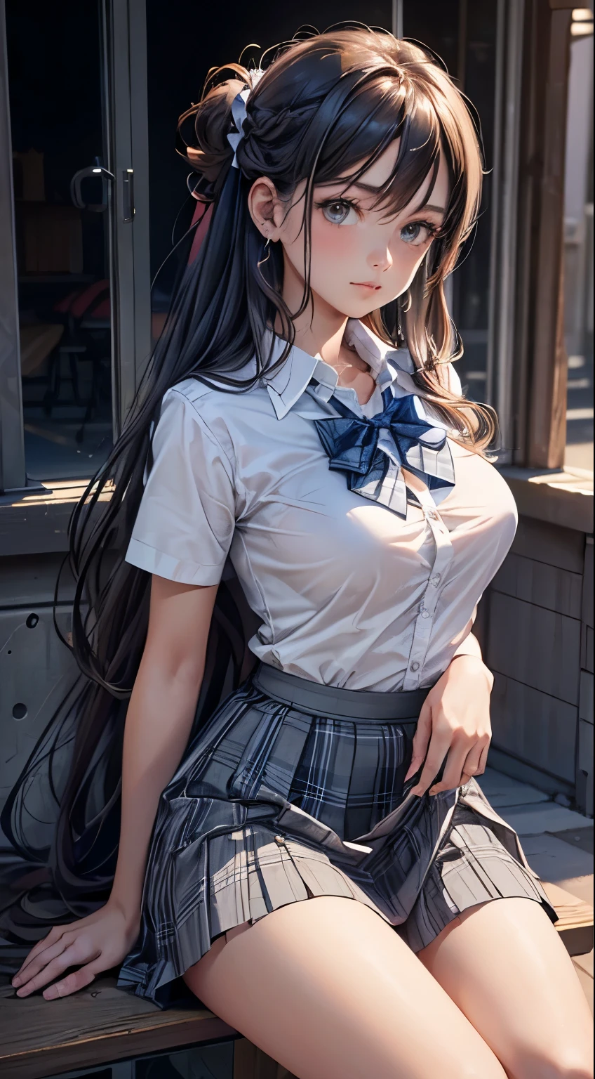 (masterpiece:1.2, highest quality), (Realistic, photoRealistic:1.4), Beautiful illustrations,
Looking at the audience, whole body, Front view:0.6,
1 girl, Japanese, high School girl, (Long Hair:1.5), let your hair flow, (Half Up, Half Updo), bangs, Hair between the eyes, Big Breasts:0.8,
Beautiful Hair, Beautiful Face, Fine and beautiful eyes, Beautiful clavicle, Beautiful body, Beautiful breasts, Beautiful thighs, Beautiful legs, Beautiful fingers,
(Beautiful views), , School,
((Collared short-sleeved shirt, White shirt, , Grey plaid pleated skirt, Blue checked bow tie)), White panties,
(Are standing, , Lift up the skirt, Grab the hem of your skirt, please put your hand on your chest, Place your hands between your legs),
blush, ,