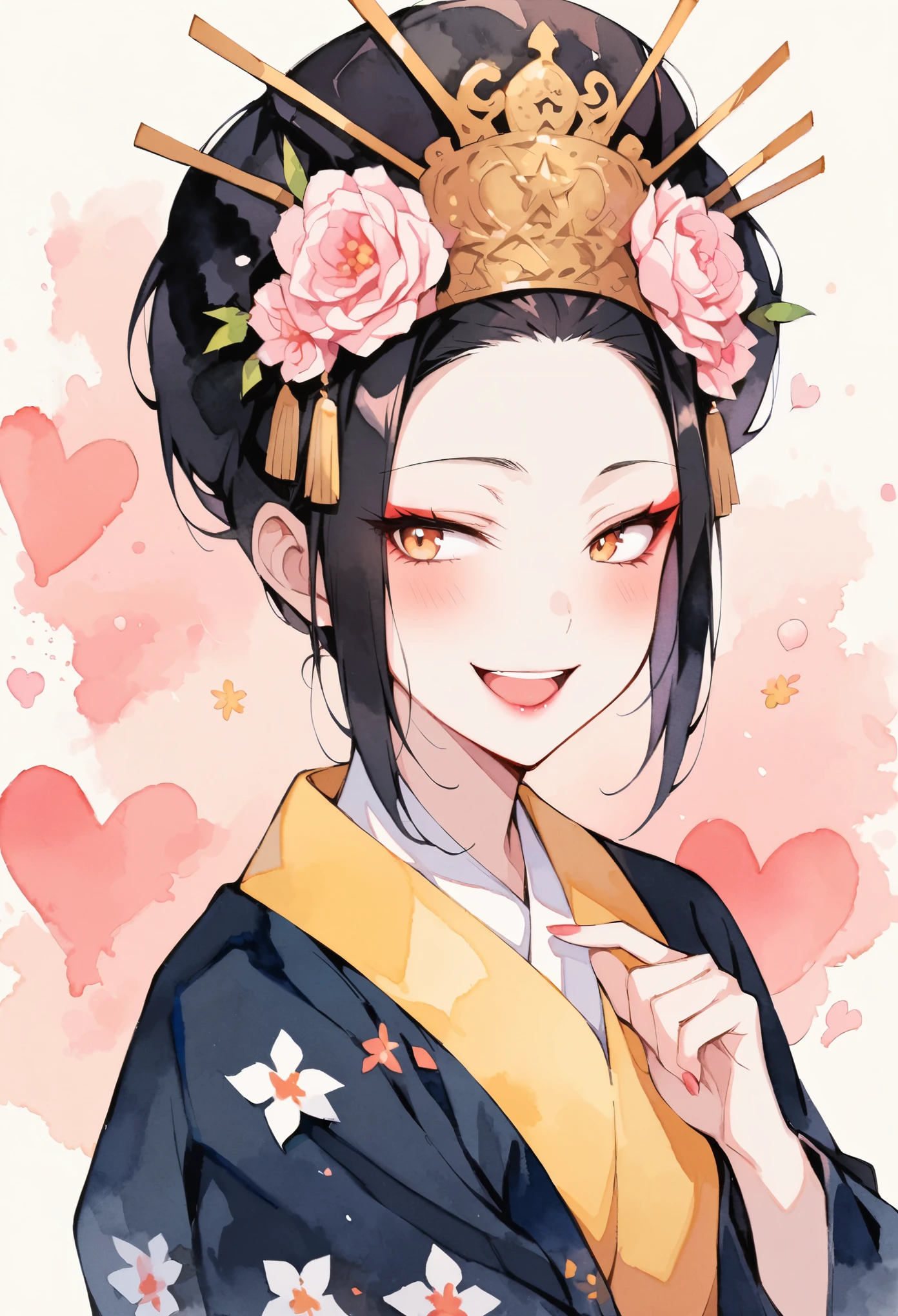 Maximum resolution、one example、1 girl、Pretty Face、Lovely、Mature、White background、(watercolor:1.2)、2D、Upper Body、Black floral kimono、Oiran、likewise、Black Hair、All are back、forehead、Red lipstick、Gorgeous makeup、Yankees、fearless smile、Squinting、Redness under the eyes、White skin、thin、graduation、Brown eyes、Drooping eyes