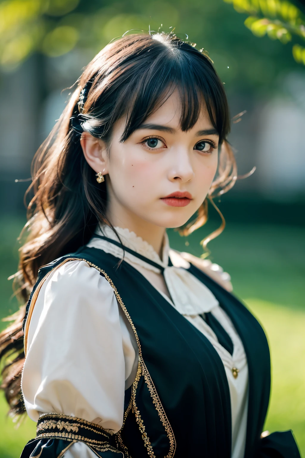 ((best quality)), ((masterpiece)), (detailed), A portrait of a determined detective girl in her mid 20s, from gothic times. wearing a black and gold dress, She has a serious expression on her face and is dressed in full, elegant clothing of the era. A vintage camera with a large lens hangs from her shoulder by a strap. The background is blurred with bokeh and depth of field, creating a sense of mystery and intrigue.