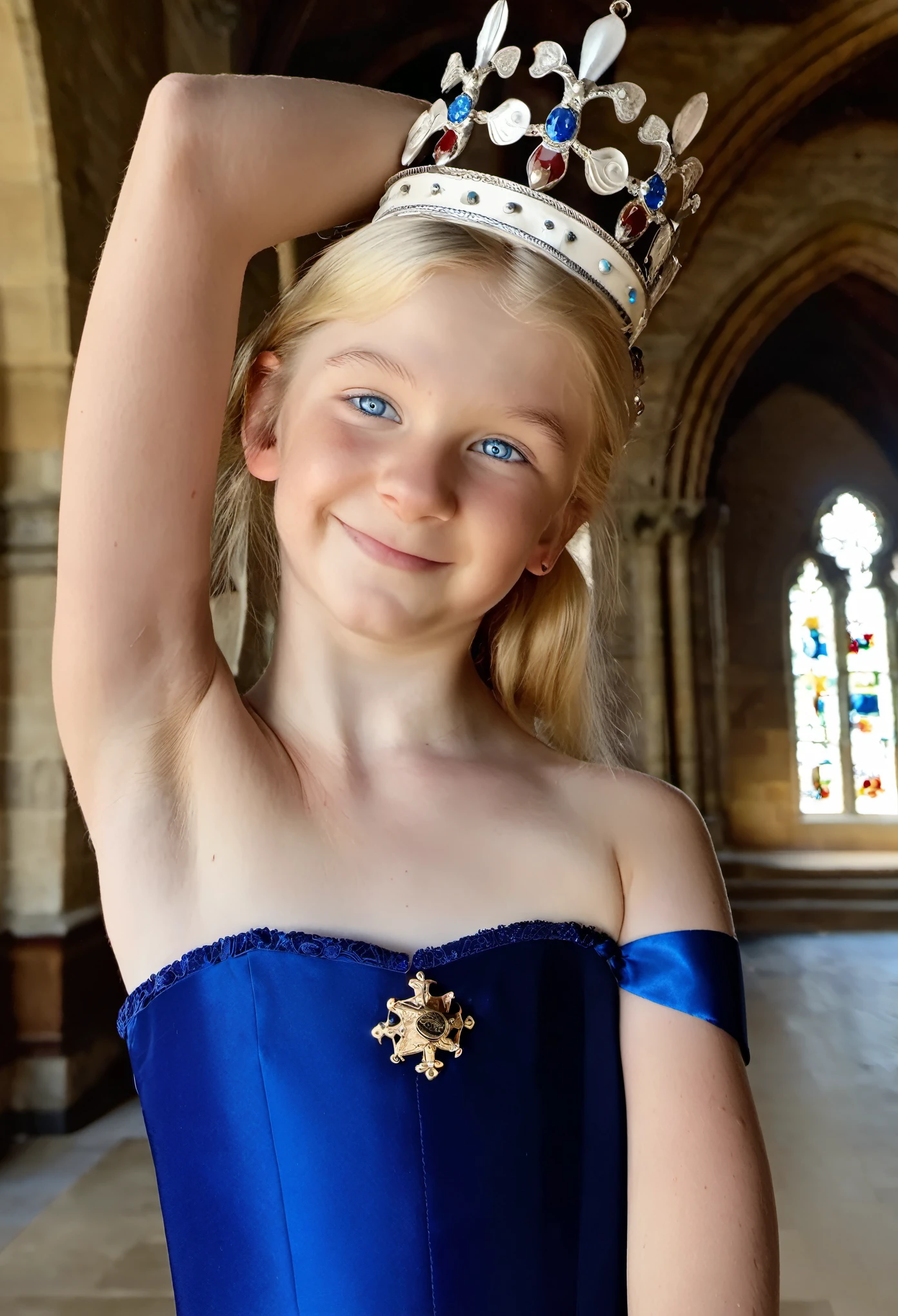 Phone photo, natural look of 5th grade girl, wearing medieval strapless french dress, arms behind head, armpits, natural light,  blue eyes, light blonde hair, arms up, sweaty, at castle main hall, crown, detailed face, detailed armpits, posted at snapchat in 2019, super cute face