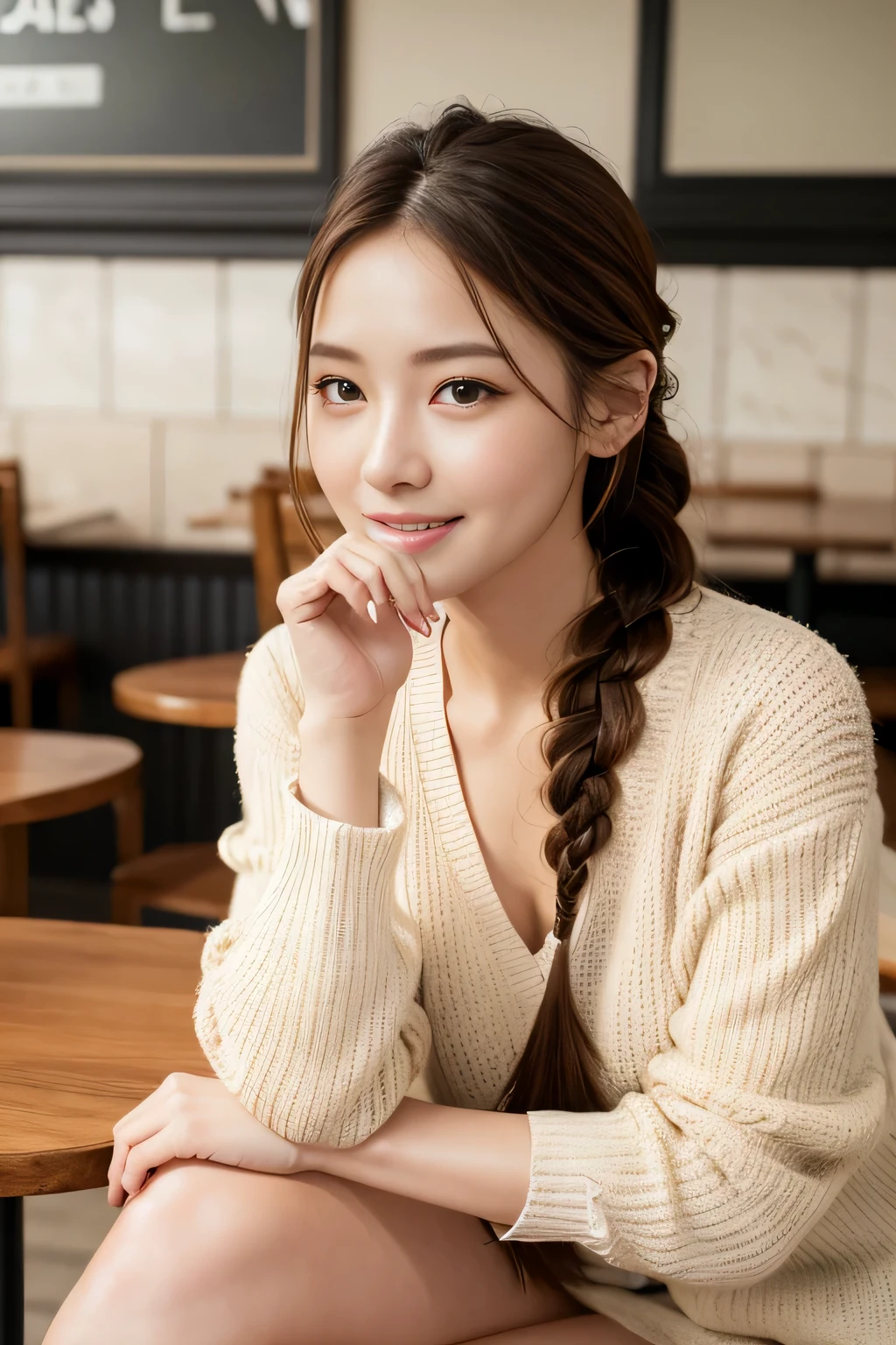 highest quality, Realistic, Super detailed, finely, High resolution, 8K Wallpaper, 1. Beautiful Women, Sharp focus, Perfect dynamic composition, Detailed and beautiful eyes, Detailed and realistic skin texture、Beautiful legs、I'm in a cafe、Chatting、happy expression、Braided Hair Styles、Wearing an open leg knit