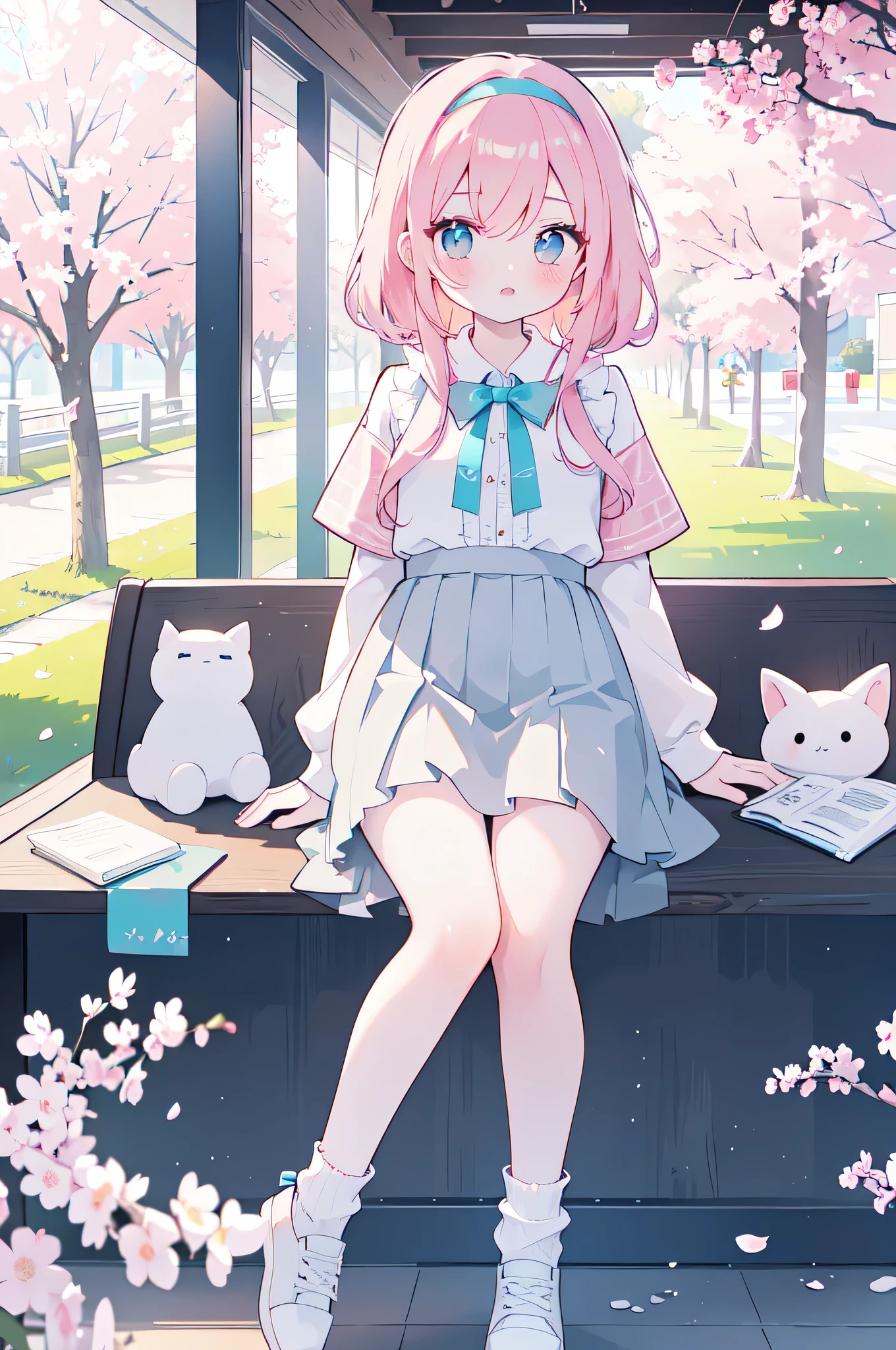 idol, yuri, harem, bishoujo, masterpiece,best quality,official art,extremely detailed CG unity 8k wallpaper, original, wallpaper, absurdres,light cherry blossom powder middle hair,bangs, pink hairband, nose blush , shy, embarrassed , aqua eyes, beautiful detailed eyes, white eyes,grey mesh, There is a pattern on the chest,Bare legs,Fair pink skin,grey frilled bobby socks and loose socks, Grey pleated skirt,White sneakers,At the mall,Photo poses