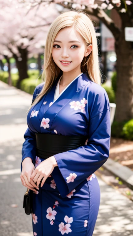 girl,Cherry Blossom Park,Blonde hair and blue eyes,Japanese style yukata kimono,Archaic Smile,Nordic features,Saggy big breasts,Ideal Style,The background is a row of cherry blossom trees