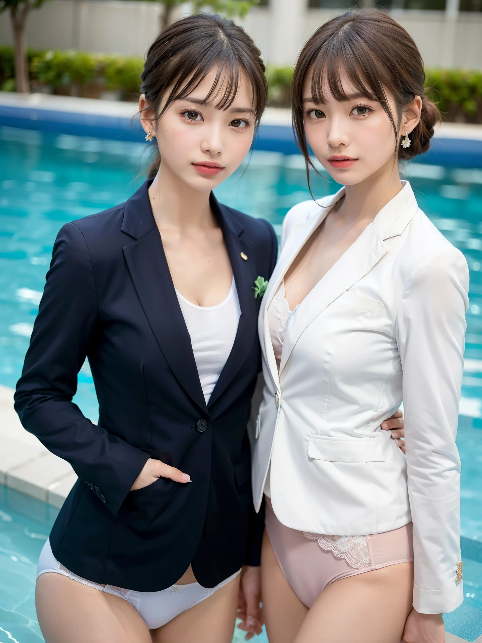 ((Best of the highest quality, 8k, Masterpiece: 1.3, raw photo)), Sharp focus: 1.2, (1 AESPA, slim body type female, 21 y/o: 1.1), (Solo: 1.2), (realistic, photo-realistic:1.37), face focus, cute face, finely eyes, (small breasts, flat chest, Thigh: 1.3), (short messy hair, bangs, updo: 1.28), (business suit jacket, neat panties: 1.32), in the pool, flower, rose