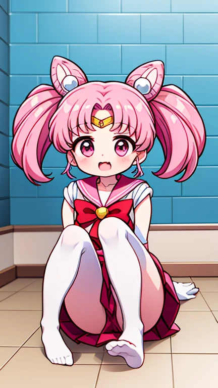 Sailor Moon,young年,Seven years old,cute,(Little ),Pink hair twintails,short hair,Sailor Suit,Red bow,White elbow gloves,Red Skirt,No shoes,Open your mouth,laughing out loud,Fangs,(White pantyhose),soles of feet,Soles,(young),(little man),sit