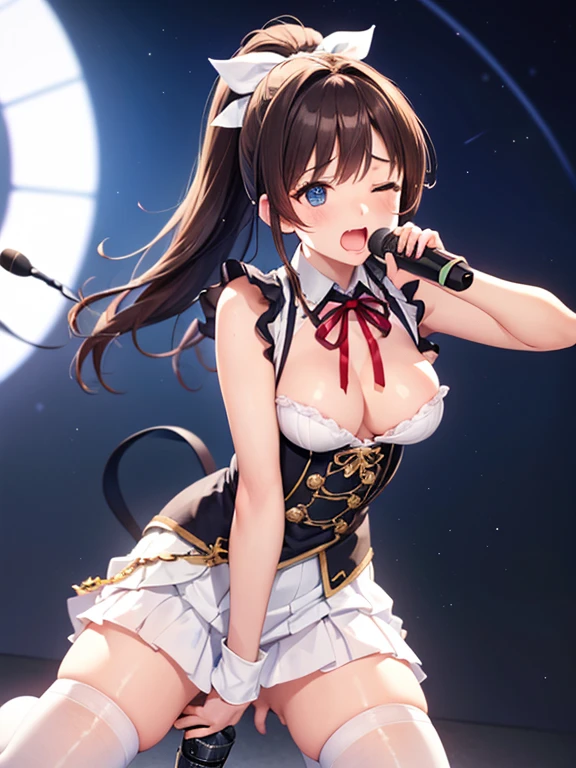 Adult female, number of fingers, number of feet, number of arms, bangs, ponytail with ribbon, brown hair, (blushing: 1), (hand on genitals: 1.8), finger insertion, (vaginal fluid: 1.2),  in mouth, (woman holding microphone and trying to sing: 1.5), white and navy idol costume, the costume includes a navy idol-style corset. , the costume includes a ribbon in the collar. , the costume covers the shoulders, armpits, upper arms and arms. , the costume is open wide only at the chest. , high socks, idol-style white skirt, (no underwear), ribbon on collar, (no bra, no panties), white lace bra: 1.2), knee-socks, beautiful small breasts, (erect nipples: 1), skirt lifted, highest quality, high resolution, (detailed and beautiful eyes: 1.6), very detailed face, perfect lighting, very detailed CG, (perfect hands, perfect anatomy), embarrassed expression, expression of holding back from going to the toilet, (expression of sexual pleasure: 1.4), (expression of agony: 1.2), eyes closed, sexy expression, looking up, mouth half open, climax, (live stage, large audience: 1.3), full body