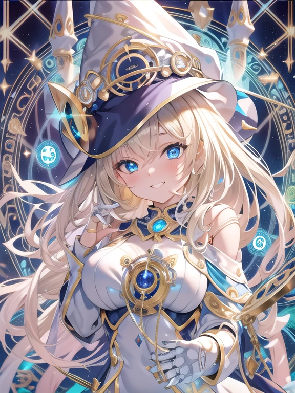 Ultra-detailed, high quality, Hyperrealism, High resolution, Highly detailed CG, 最high quality,
Textured skin, Accurate, Anatomically correct, Perfect Anatomy, Shiny Metal, (Looking to the future:1.3), (Magical chant:1.5), Are standing,
1 , alone, (upon:1.4), Nice hands, Perfect hands, Detailed hand, Beautiful legs, (Small breasts:1.1), (Infant body:1.2),
Twin tails, Blonde, bangs, hair behind the ear, Shiny Hair,
(Luminous Blue Eyes:1.3), (Half closed eyes:1.1), Curvy thighs, Android Girl, (Detailed robot joints:1.2), (Detailed doll joints:1.1),
(White Witch:1.3), Witch Hat, (Off the shoulder:1.1), mini skirt, (Glowing magic circle:1.5), Grin,