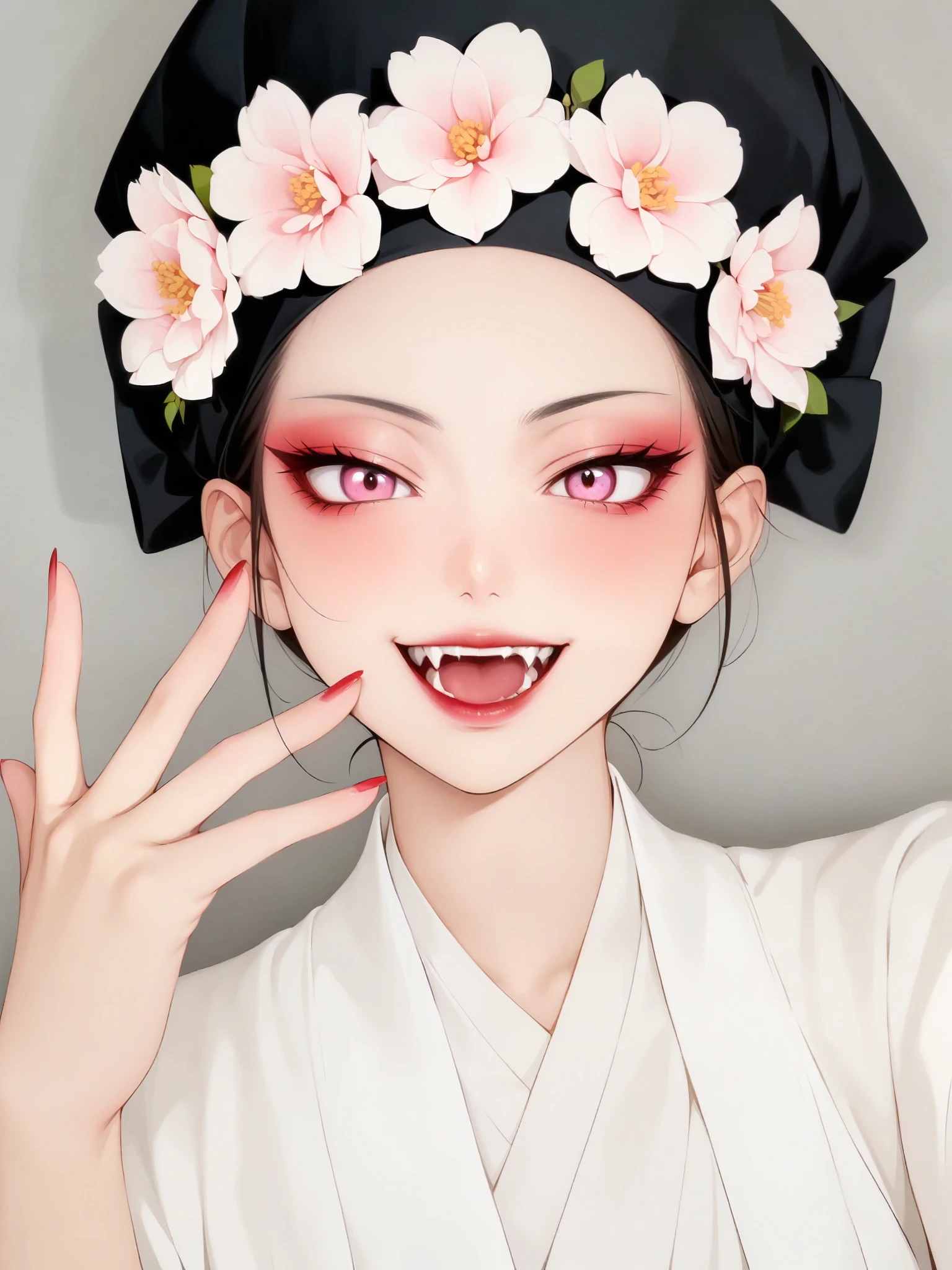 A beautiful Japanese woman with pink eyes, Long eyelashes and red lips，dressed white hanfu，Makeup similar to Ueno Yosuke，Selfie on Instagram，Vampire fangs showing between fingers. She has fair skin，Wearing a black hat decorated with flowers. Background color should be gray. Her expression conveys confidence or playfulness. 