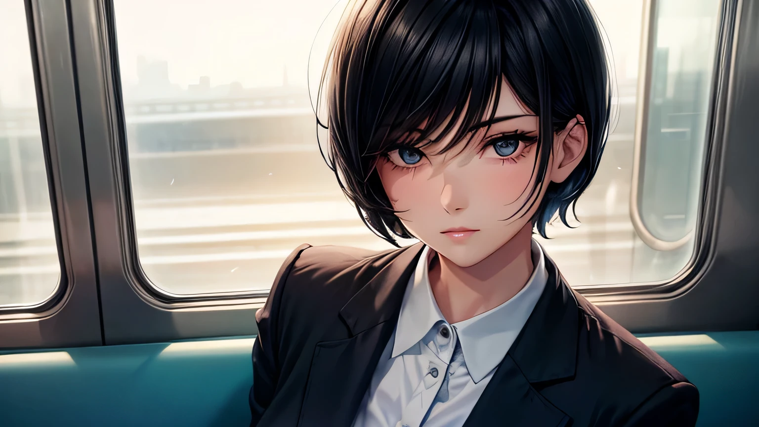 woman OL In a suit Short Hair Black Hair on the train Perfect face depiction Perfect eye depiction Perfect body depiction perfect clothing description Looking out the window of a train midnight
