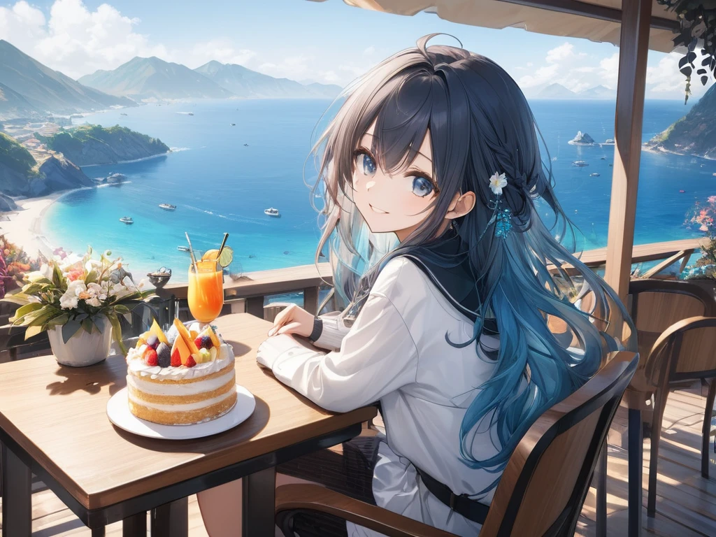 (looking away:1.2),(masterpiece:1.2), (best quality),(ultra detailed),(extremely detailed),(absolutely resolution) ,absurdres,8k, 1girl-drinking-fruits-juice, cafe, sitting-on-the-chair, grin, cake, mountain, blue-coral-sea, flowers-pods, windy,
BREAK, (detailed beautiful eyes:1.3), long hair, messy hair, (gradation hair:1.2),