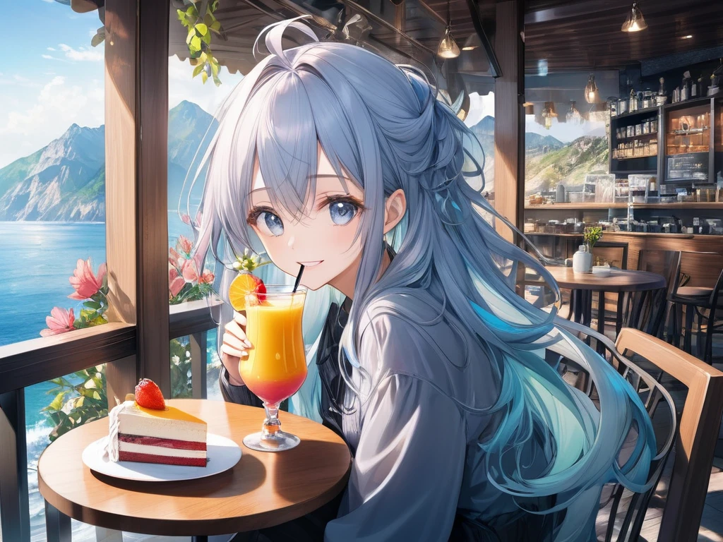(looking away:1.2),(masterpiece:1.2), (best quality),(ultra detailed),(extremely detailed),(absolutely resolution) ,absurdres,8k, 1girl-drinking-fruits-juice, cafe, sitting-on-the-chair, grin, cake, mountain, blue-coral-sea,  flowers-pods, windy, 
BREAK, (detailed beautiful eyes:1.3), long hair, messy hair, (gradation hair:1.2),