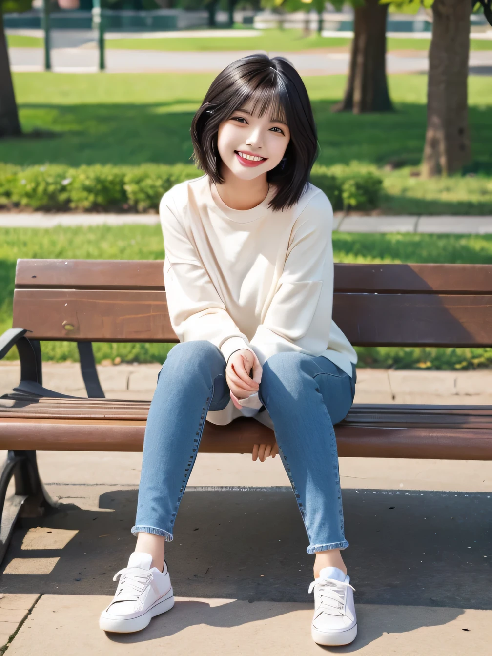 highest quality)), ((masterpiece)), (Get used to it), Perfect Face、((highest quality)), A neat and beautiful woman sitting on a park bench、Long sleeve blouse、Skinny jeans、sneakers、Black Hair、Short Haircut、smile、smile showing teeth、Full body photo、Ear Piercing Information