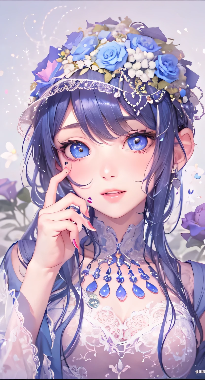 ((highest quality)), ((masterpiece)), (Get used to it), Perfect Face , masterpiece、highest quality、High resolution、High-quality images、8k, 1 female、Skin Radiance、Texture of skin and clothing、Expression of fine eyes、Shiny dark blue hair,Short Hair Girl, Manga inspired by Lee Jong-suk, Trending on deviantart, realism, detailed manga style, Manga art style, Perfect Line Drawing, Beautiful line art, digital manga art girl, K-POPアイドル, Beautiful Blue Eyes, Lips become thicker, Gorgeous face with attention to detail, (Cute Smile), charm, Innocent, Side view, (Perfectly detailed face), (Beautiful Hands) Photorealistic images, Written boundary depth, 20th Generation ,beautiful girl , Green Rose , Lace dress , Big Breasts , protruding shoulders , I can see her cleavage , Green Rose , There are many green roses in the background ,