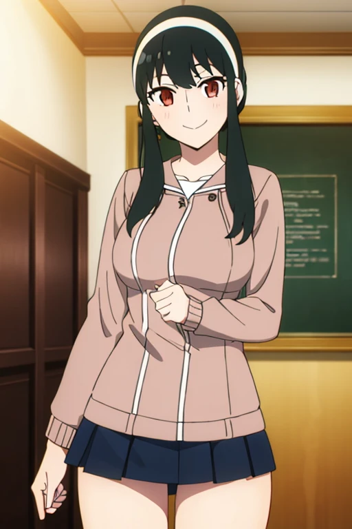 (masterpiece, highest quality: 1.2), alone, 1 girl, alone, panties，，school uniform，Sailor suit，blazer，your heather, smile, Mouth closed, View audience, Long black hair, head band,  Earrings, Big Breasts, Medium Waist, Medium Hips, wide thighs, Embarrassing, attractive, smiling with her Mouth closed, Good move., Excellent anatomy,panties，，Sailor suit，classroom，