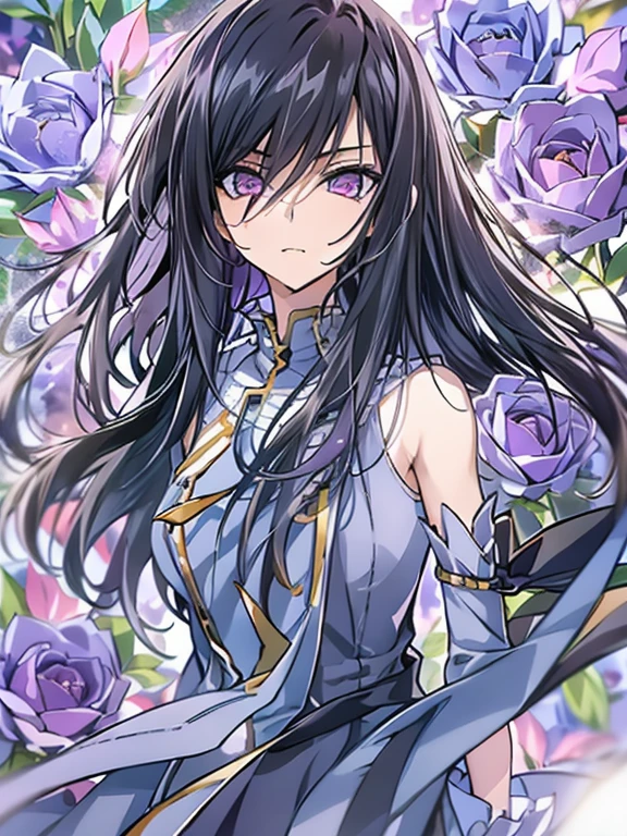 masterpiece, best quality, 1 girl,solo,codegeass,lelouch,Feminization、Feminization,18-year-old、 Long Hair、Black Hair、beautiful purple eyes、Beautiful Hair、170cm, Small waist、Beautiful body、Beautiful breasts、A purple summer dress that reflects the whole body、Blue rose corsage