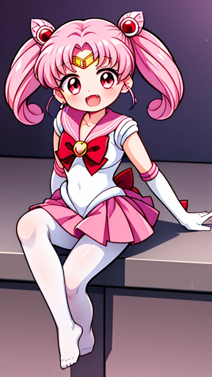 Sailor Moon，young年，Seven years old，cute，（Little Loli），Pink hair twintails，short hair，Sailor Suit，Red bow，White elbow gloves，Red Skirt，No shoes，Open your mouth，laughing out loud，Fangs，(White pantyhose),soles of feet，Soles，(young)，(little man)，sit