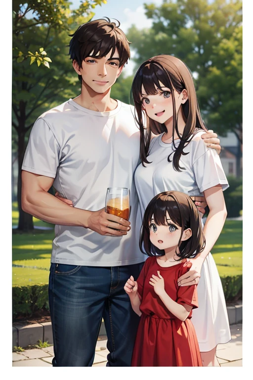 Beautiful scene of a father and son, with a loving mother in the background. Father with strong, rugged features, short gray hair and kind eyes, wearing a t-shirt and jeans, holding his son's small hand. Son, with bright and curious eyes, chubby cheeks, and freckles, wearing a red t-shirt and shorts. Mother, with full and curvy figure, long brown hair, and warm smile, wearing a colorful sundress. All three enjoy a sunny day at the park.
Ultra-detailed, high-resolution rendering, photorealistic style. Vibrant colors and soft lighting to capture the sweet and affectionate atmosphere.
F