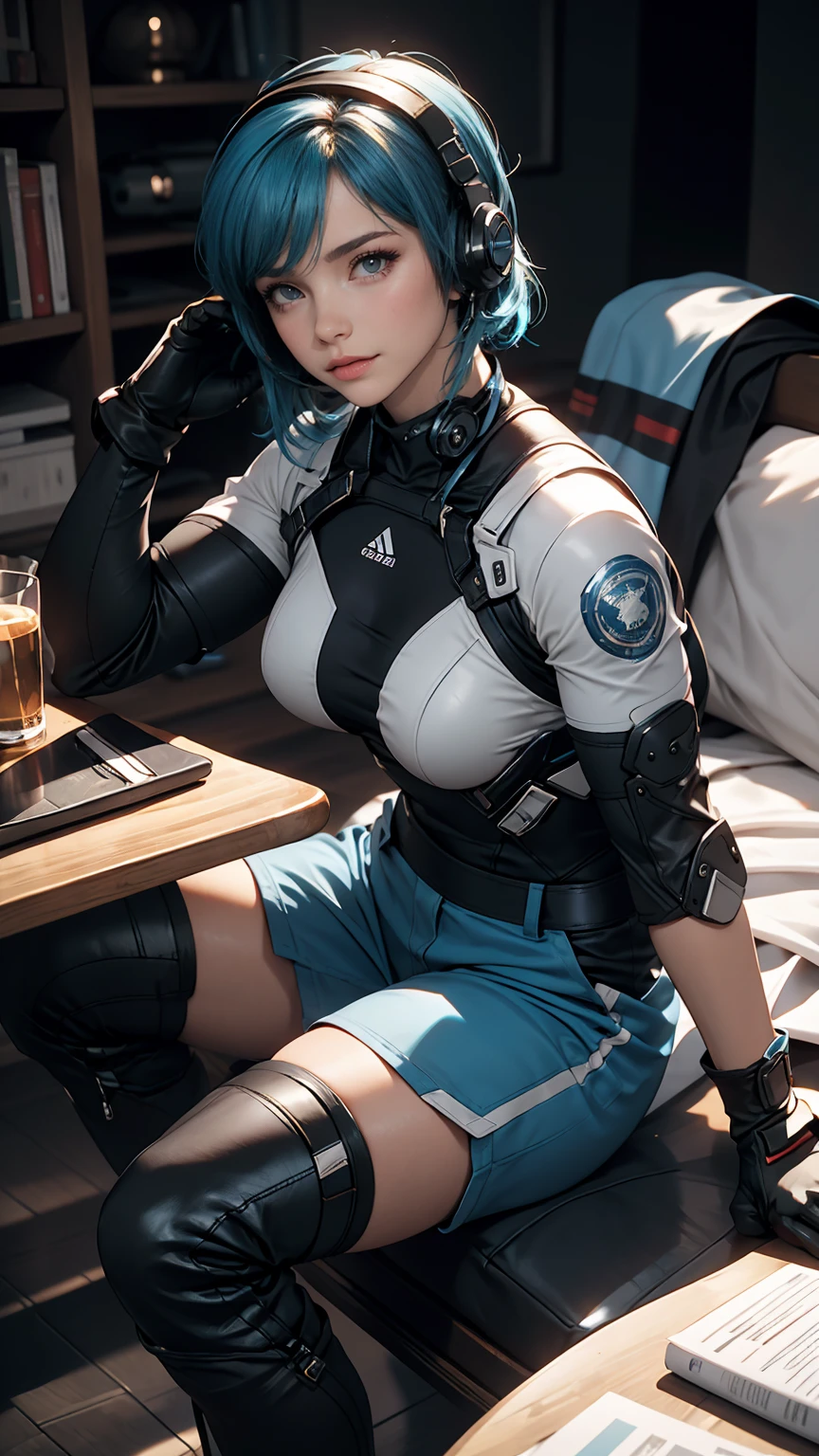 (masterpiece, highest quality, Highest Resolution, clear_image, detailed details): (alone, Lonely Girl, The Face of Japan, blue hair girl, short hair, Full body portrait, Small breasts, Sparkling blue eyes, Metallic white and blue pilot suit, Black, Tight fitting clothes, Clothing that covers the entire body, beauty, The body is slim, Exoskeleton, Knee Boots, heroine, Lying on your back, Open your thighs from side to side, Arm-length gloves, headset)