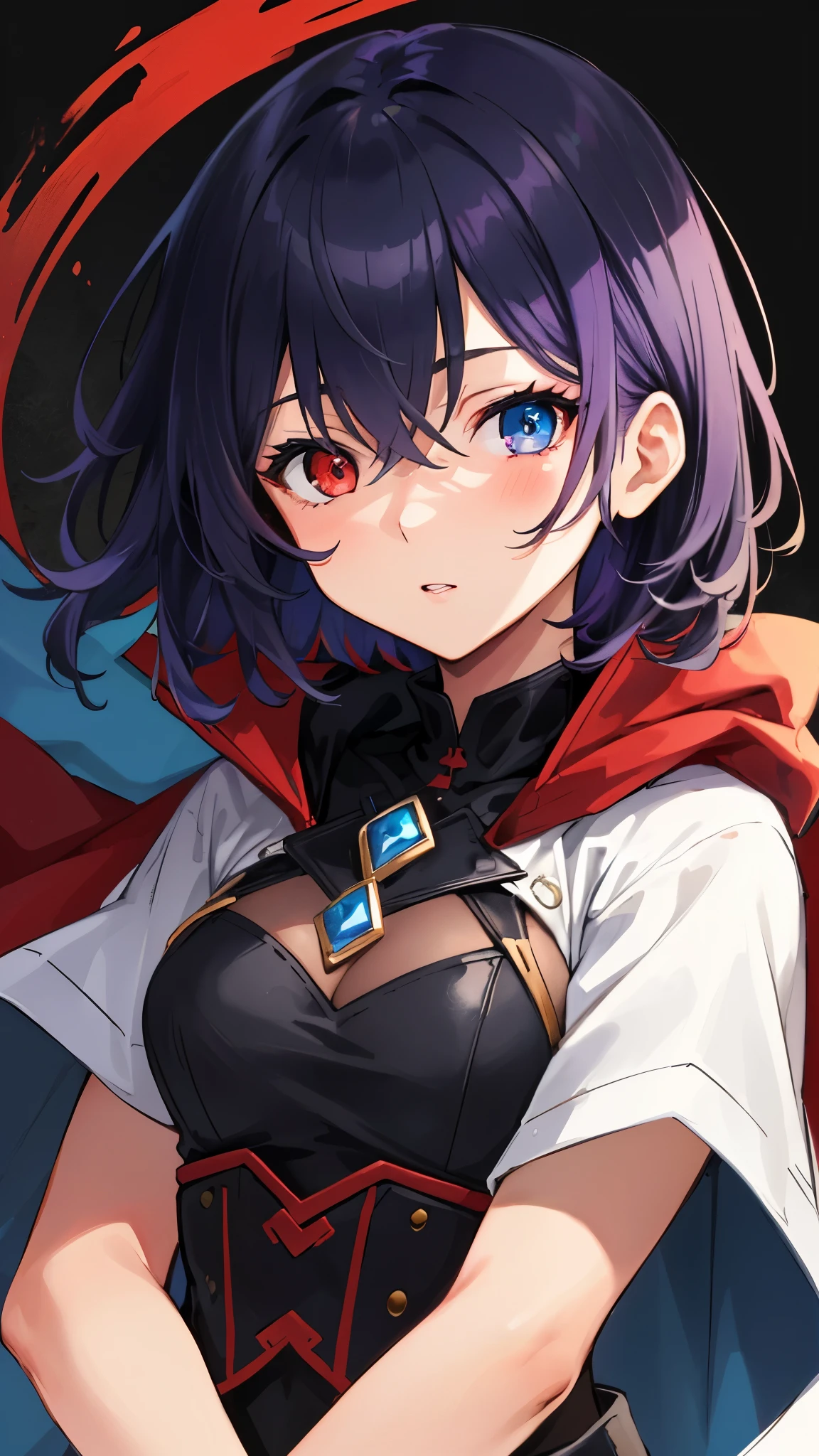 (masterpiece, highest quality, Very detailed, Best Shadow), (Beautifully detailed face), High Contrast,1girl,only,short hair,purple hair,heterochromia(red eyes,blue eyes),Upper Eye,Fantasy style costumes,Cape,The clothes are mainly black
