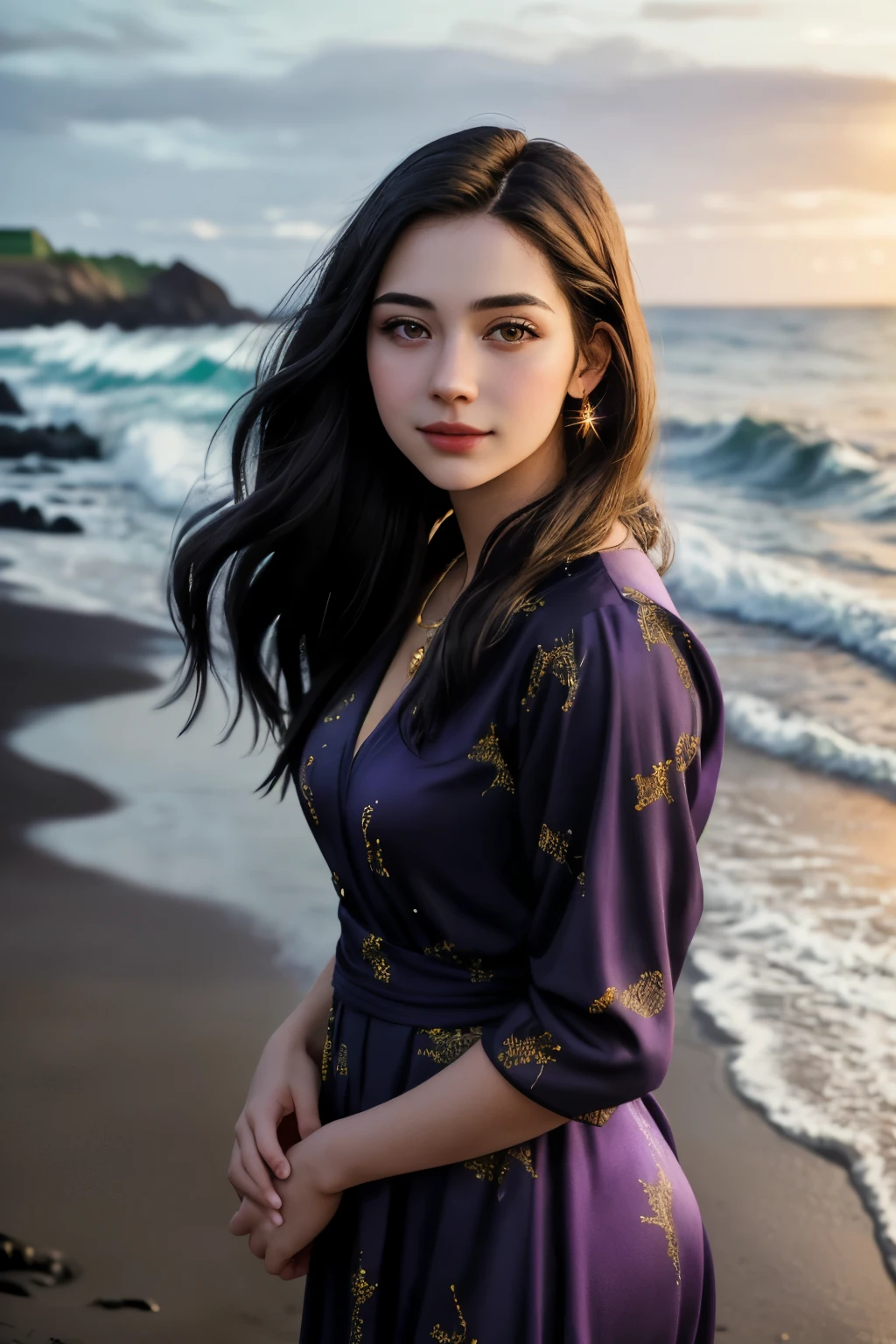 ((best quality)), ((masterpiece)), (detailed), Hyper-realistic portrait of a majestic young woman in her mid-20s, with a confident expression, wearing a flowing purple and gold dress. Black sand beach background with blurry bokeh lights for depth, a touch of starlight, and a subtle wave crashing on the shore.