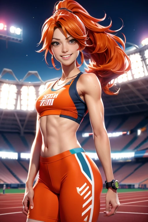 (ultra-detailed, masterpiece, best quality) create a breathtaking scene from the classic movie "Attack of the 50 Foot Cheerleader", featuring ((giantess:1.3),(petite redhead)), (dynamic pose:1.2), (ripped cheerleader outfit), (destroyed city backdrop), (fire and smoke), and (vibrant colors).