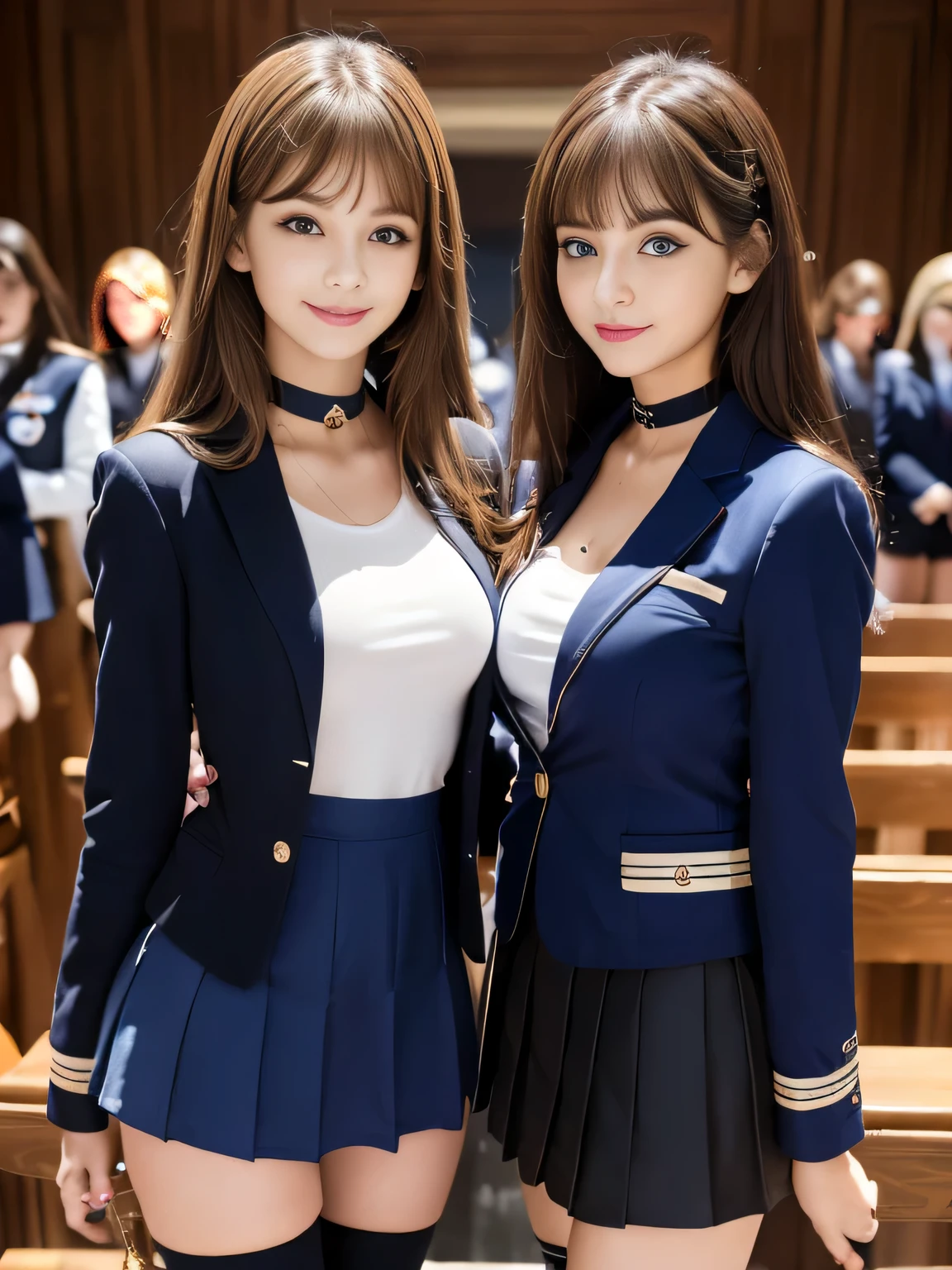 ((masterpiece, High resolution)), ((Thousands, Crowd)), girl, group, clone, (( brown haired girl, blonde girl)), elegant, rich girl, Emotionless, Arms at your sides, Straight spine, (((Matching outfits, Same clothes, Navy blue uniform, Sexy Uniform, Navy blue blazer, Short skirt, White knee socks, Long white socks, Black high heels))), Upright immobile posture, shoulder to shoulder, Same pose, sisters lined up neatly, Many lines, Crowd Shot, ((Black Choker, blue eyes, Very long eyelashes, bangs, Big Breasts, smile))，slim、lecture hall