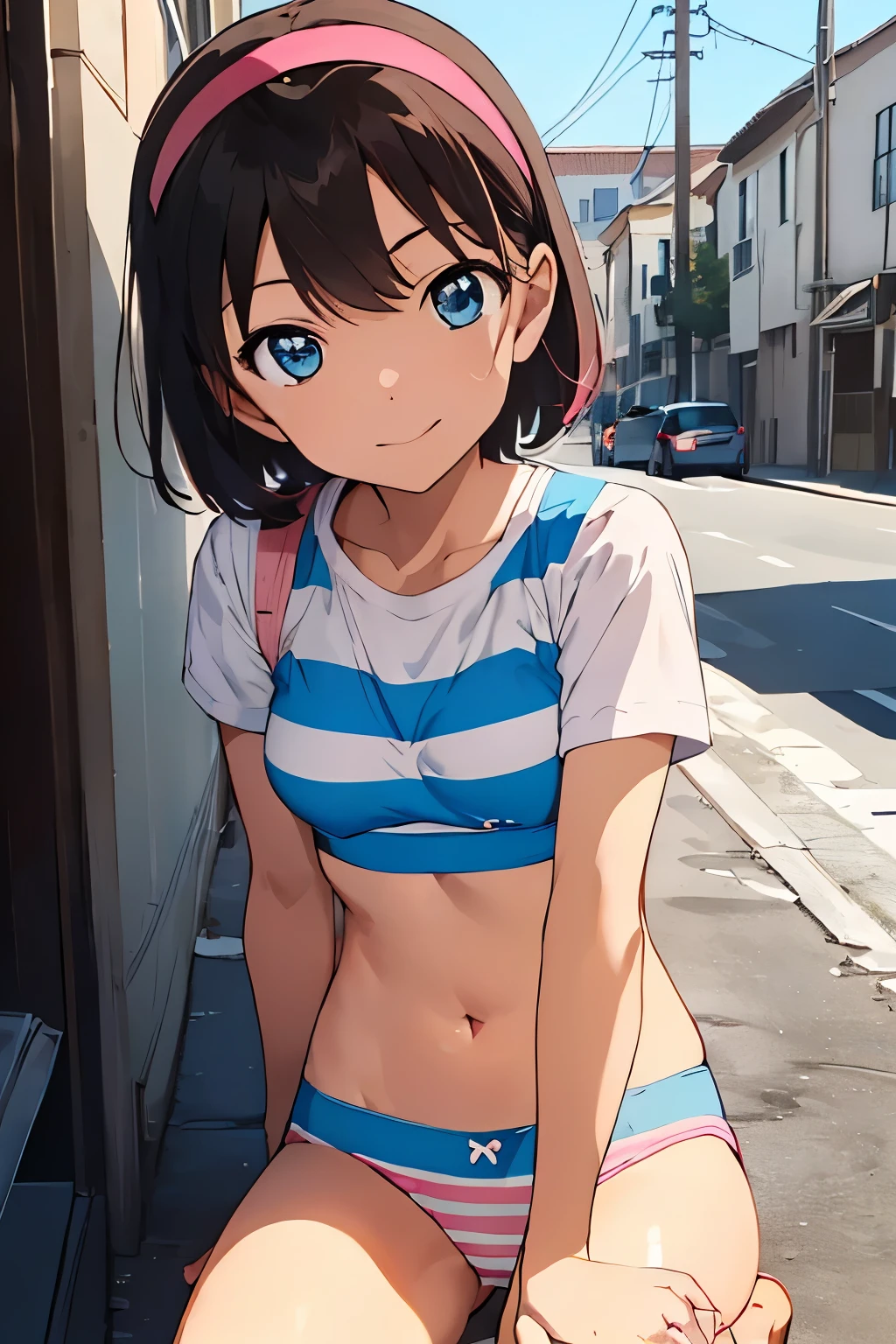Sitting,Panty shot,(beautiful,Small breasts:1.5),Yoshida Ayumi,One girl, alone,((( brown hair, short hair,pink hair band,blue eyes))),smile, 1girl,6ars old,Detective Conan, shirt,miniskirt ,(((blue striped panties))),masterpiece ,8k unity wallpaper,anime key visual,highest quality, High resolution, unity 8k wallpaper, (shape:0.8), highly detailed face,highly detailed eye,glowing eyes , shiny skin,fine skin,white skin,dense skin,detailed hair,highly detailed legs,perfect lighting, Detailed CG, (perfect hands, perfect anatomy),High resolution,(Detailed wear ),slender limbs, delicate curves, dainty hands,figure:0.8,