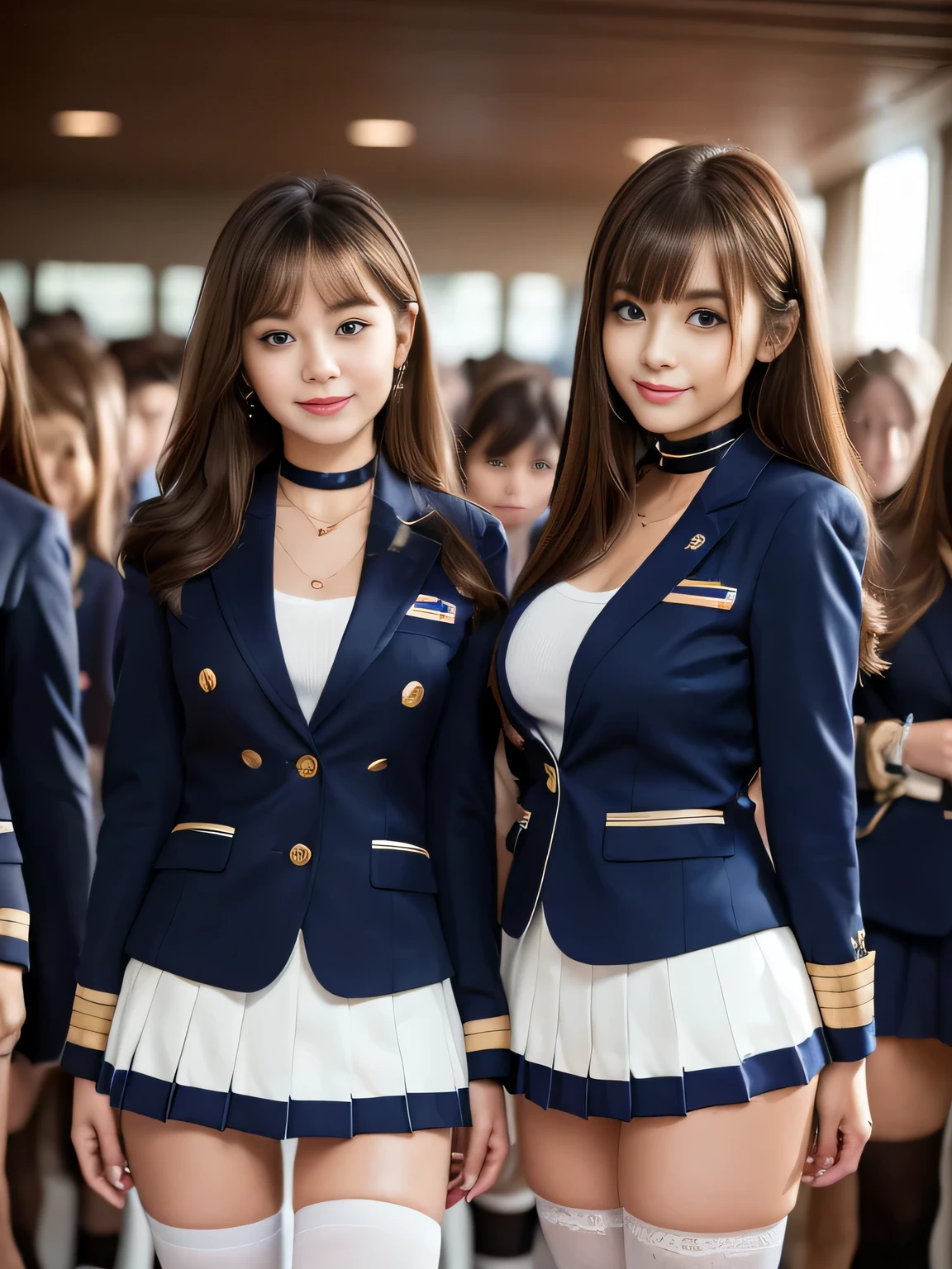 ((masterpiece, High resolution)), ((Thousands, Crowd)), girl, group, clone, (( brown haired girl, blonde girl)), elegant, rich girl, Emotionless, Arms at your sides, Straight spine, (((Matching outfits, Same clothes, Navy blue uniform, Sexy Uniform, Navy blue blazer, Short skirt, White knee socks, Long white socks, Black high heels))), Upright immobile posture, shoulder to shoulder, Same pose, sisters lined up neatly, Many lines, Crowd Shot, ((Black Choker, blue eyes, Very long eyelashes, bangs, Big Breasts, smile))，slim、lecture hall