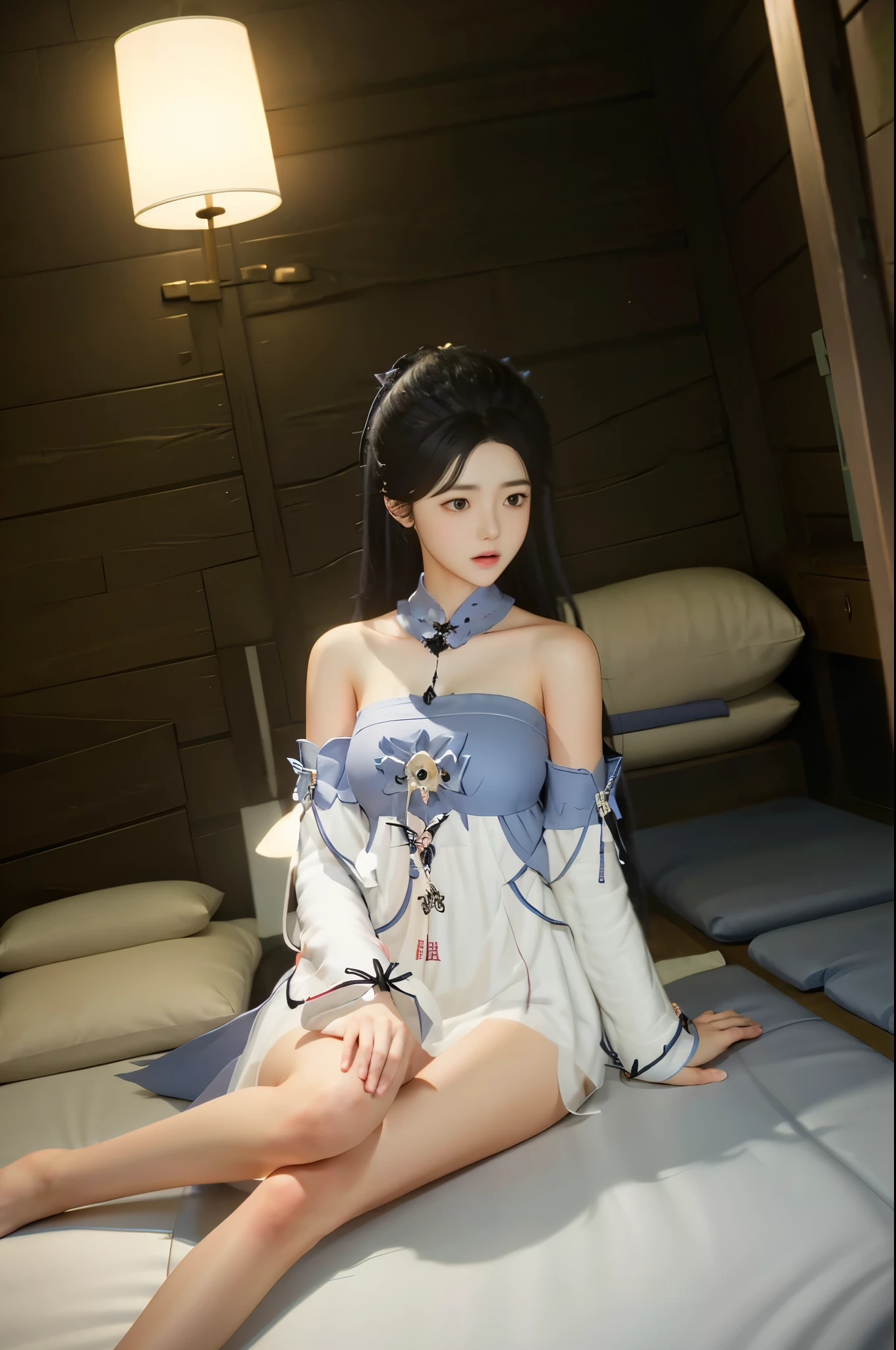 zhaolinger,1girl,3d,bare shoulders,barefoot,black hair,detached sleeves,dress,long hair,sitting,solo,on bed