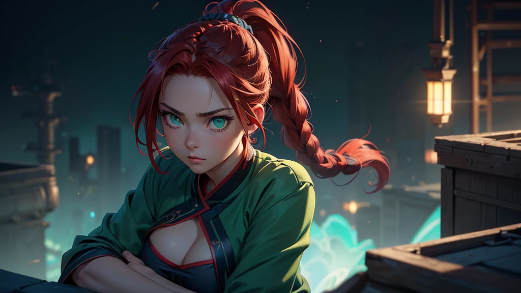 1_girl,solo, anime, hda, a close up of a woman with ((red braided low ponytail hair)) and (((the most beautiful green eyes))) in (((blue outfit))), (((determined)), 8k, Unreal Engine 5, octane render, by kyun, gamang, Yoon Gon-Ji, g.ho, gosonjak, shuroop, serious, domi, noah, trending on pixiv, fanbox, skeb, masterpiece, detailed face, smooth soft skin, big dreamy eyes, beautiful intricate colored hair, symmetrical, anime wide eyes, soft lighting, concept art, digital painting, top of the rooftop, wide view