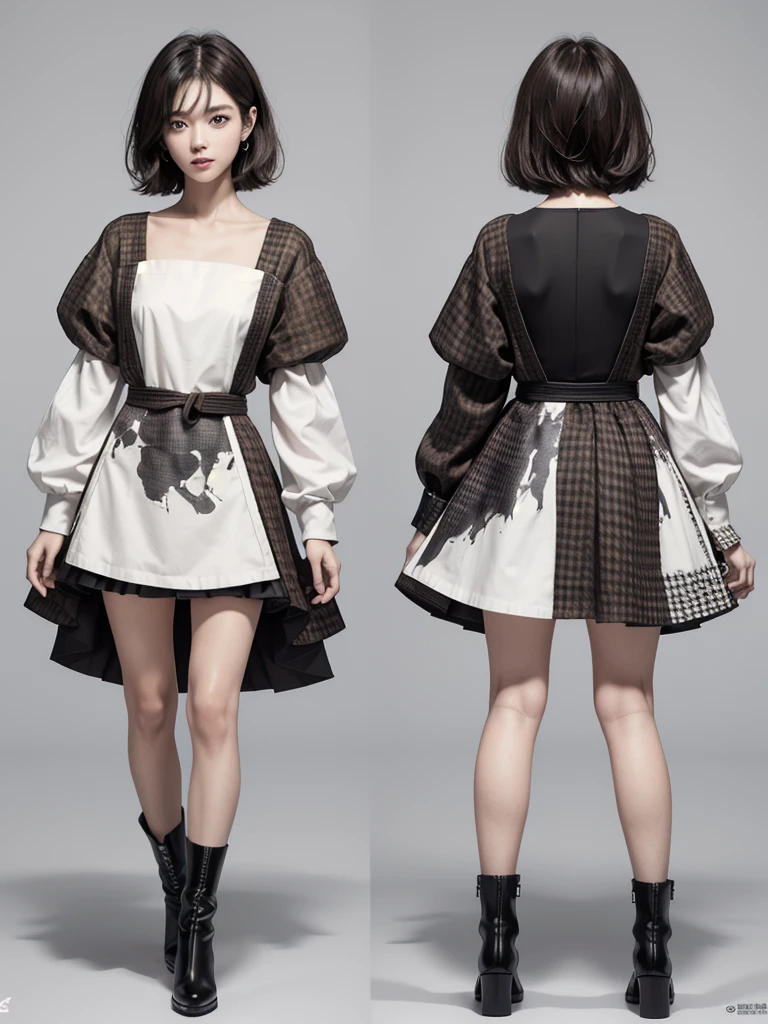 chara-sheet,Standing in front of the viewer、masterpiece、Very detailed、Surreal、Watercolor and ink painting、A young woman dancing in a brown and dark brown houndstooth high-waisted A-line dress with dark brown piping at the seam and box pleats at the bottom、Super detailed、super beautiful、white straight short hair、Knee-high boots、lean muscular body、Perfect Eyes Eyes