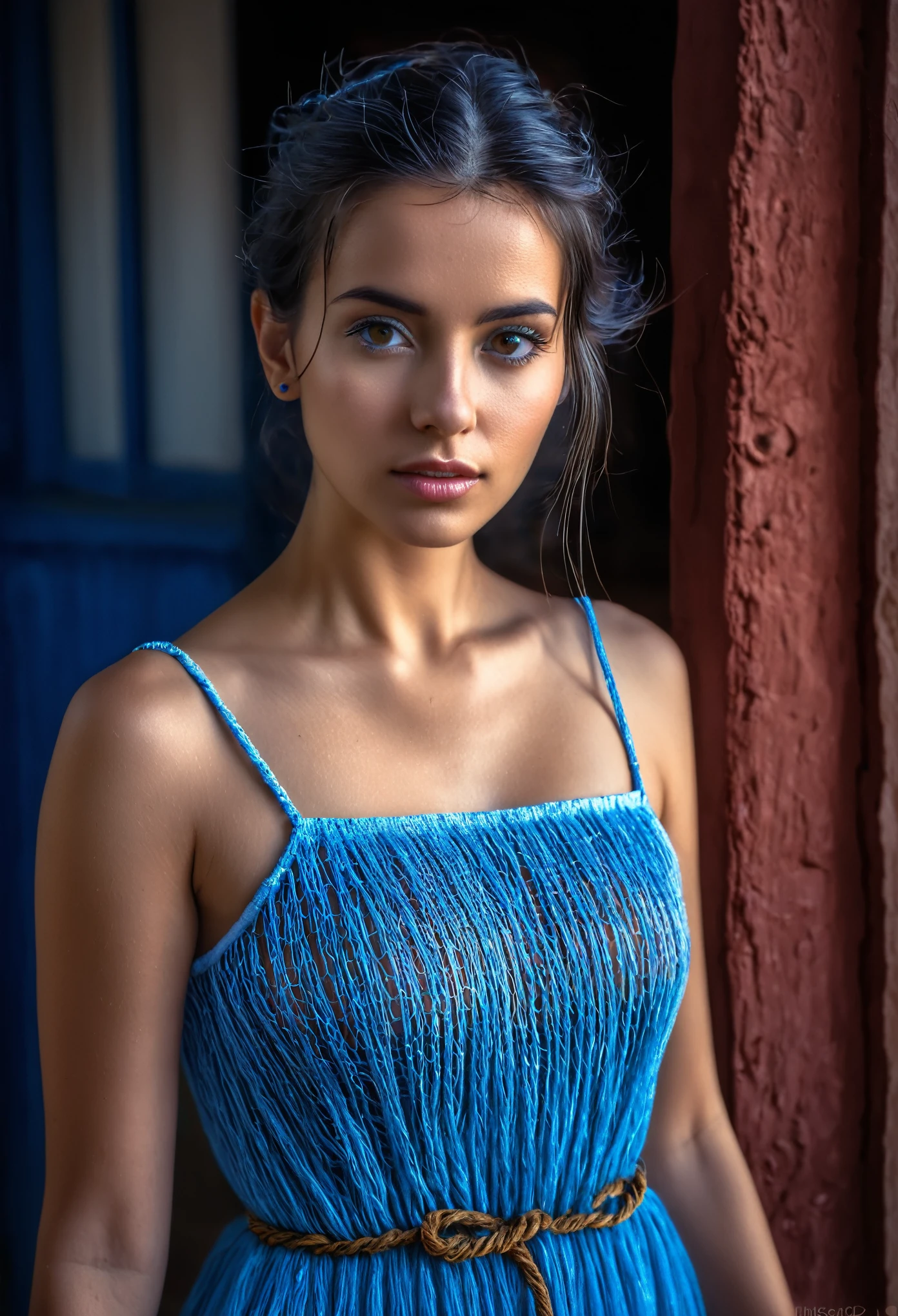mujer, [pelo ceniciento | cabello rosado | pelo violeta], (ojos azules:1.1), ceja arriba, senos medianos, translucent dress, cord, Looking to the camera, textura natural de la piel, 24mm, texturas 4k, soft cinematic light, Adobe Lightroom, photolab, hdr, intrincado, Muy detallado, sharp focus, ((((cinematic look)))), tonos calmantes, detalles locos, intrincado details, hiperdetallado, Bajo contraste, soft cinematic light, Exposure Mix, hdr