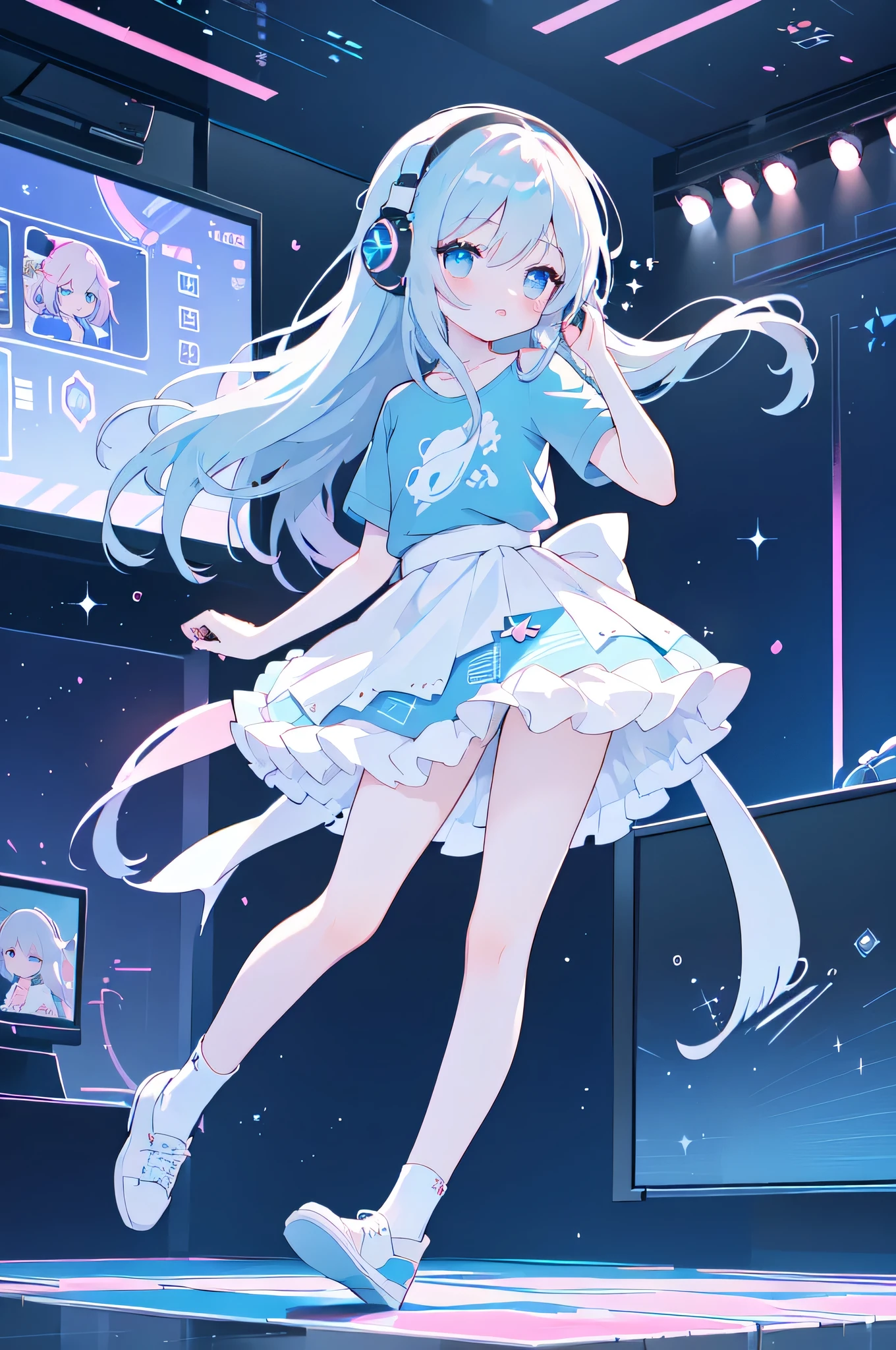 idol, yuri, bishoujo, masterpiece,best quality,official art,extremely detailed CG unity 8k wallpaper,Alice Blue Headphones, Military school blue medium long hair,nose blush , shy, embarrassed , aqua eyes, beautiful detailed eyes, sky blue eyes,Light blue shirt T-shirt,There are patterns on the clothes,Light blue socks,Gray sneakers,Mechanical Fans,Perfect hands,White skin,Pink jade feet,Attractive anime girl,Seducing the audience,slim body,Long, thin legs,full body lesbian,full-body shot,Looking directly at the audience,