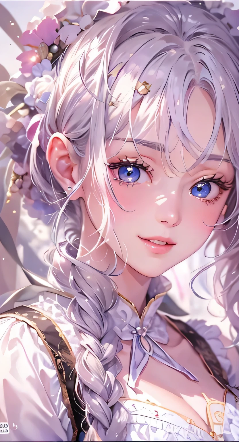 ((highest quality)), ((masterpiece)), (Get used to it), Perfect Face , masterpiece、highest quality、High resolution、High-quality images、8k, 1 female、Skin Radiance、Texture of skin and clothing、Expression of fine eyes、Shiny white hair,Girl with long braided hair, Manga inspired by Lee Jong-suk, Trending on deviantart, realism, detailed manga style, Manga art style, Perfect Line Drawing, Beautiful line art, digital manga art girl, K-POPアイドル, Beautiful white eyes, Lips become thicker, Gorgeous face with attention to detail, (Cute Smile), charm, Innocent, Side view, (Perfectly detailed face), (Beautiful Hands) Photorealistic images, Written boundary depth, 20th Generation ,beautiful girl , Ribbon , Lace dress , Medium Chest , protruding shoulders , I can see her cleavage , Ribbon , There is a lot of ribbon in the background ,