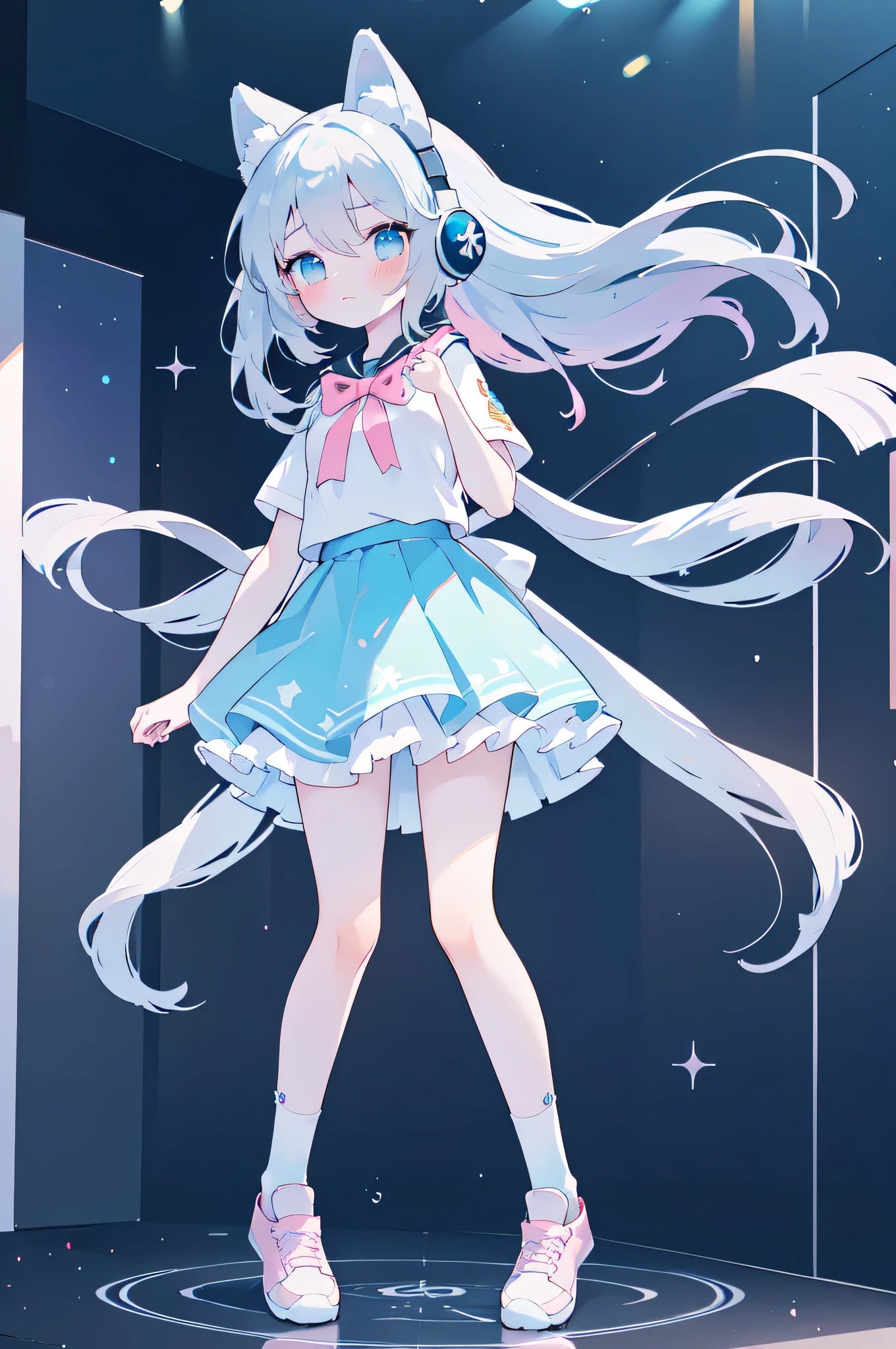 idol, yuri, bishoujo, masterpiece,best quality,official art,extremely detailed CG unity 8k wallpaper,Alice Blue Headphones, Military school blue medium long hair,nose blush , shy, embarrassed , aqua eyes, beautiful detailed eyes, sky blue eyes,（（Light blue shirt T-shirt）），Short-sleeved shirt with pattern，（（Light blue football socks）），（（Gray sneakers）），Mechanical Fans，Perfect hands,White skin,Pink jade feet,Attractive anime girl,Seducing the audience,slim body,Long, thin legs,full body lesbian,full-body shot,Looking directly at the audience,Do not wear short skirts,No long skirt，Do not wear a school uniform