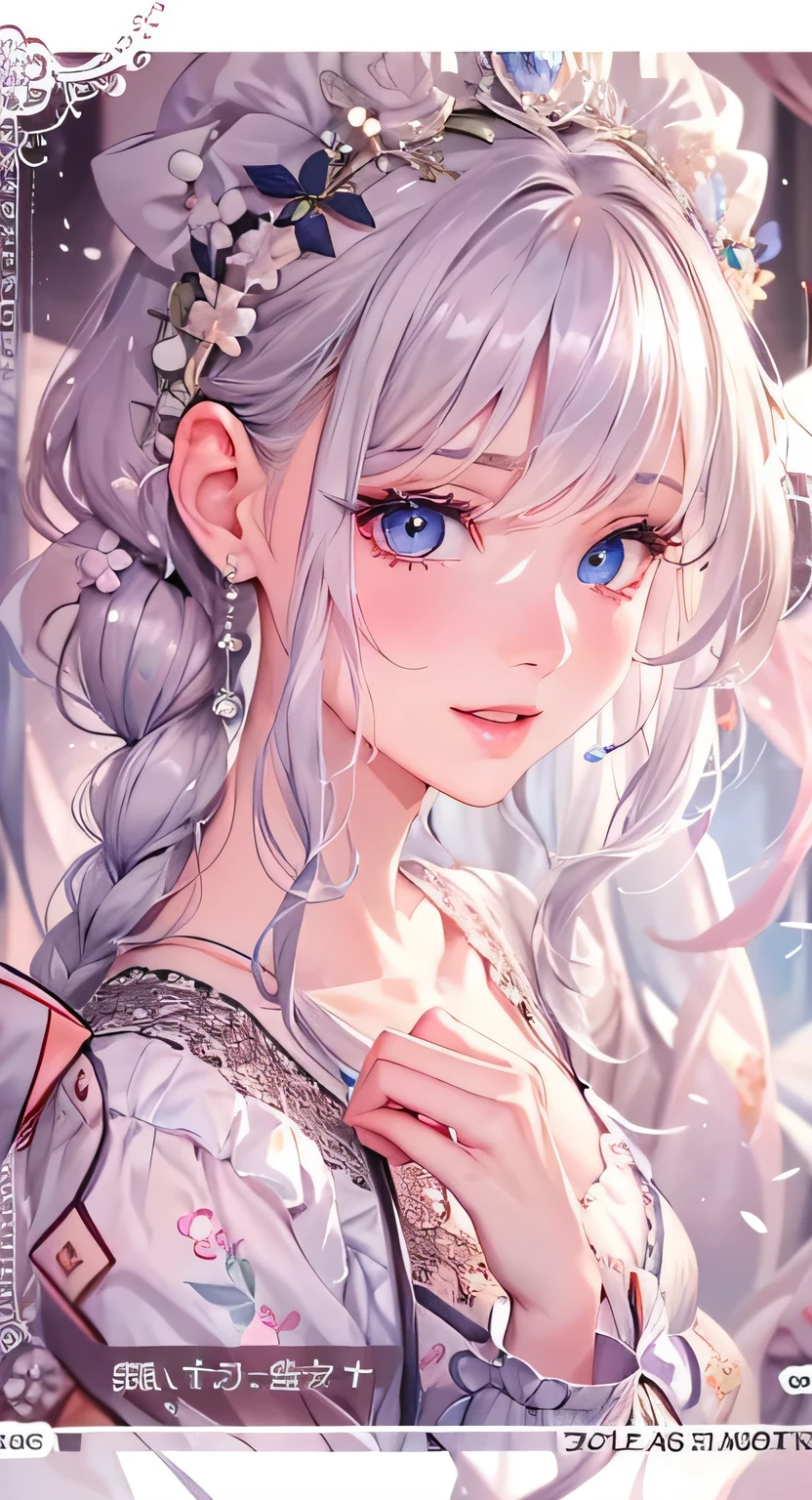((highest quality)), ((masterpiece)), (Get used to it), Perfect Face , masterpiece、highest quality、High resolution、High-quality images、8k, 1 female、Skin Radiance、Texture of skin and clothing、Expression of fine eyes、Shiny white hair,Girl with long braided hair, Manga inspired by Lee Jong-suk, Trending on deviantart, realism, detailed manga style, Manga art style, Perfect Line Drawing, Beautiful line art, digital manga art girl, K-POPアイドル, Beautiful white eyes, Lips become thicker, Gorgeous face with attention to detail, (Cute Smile), charm, Innocent, Side view, (Perfectly detailed face), (Beautiful Hands) Photorealistic images, Written boundary depth, 20th Generation ,beautiful girl , Ribbon , Lace dress , Medium Chest , protruding shoulders , I can see her cleavage , Ribbon , There is a lot of ribbon in the background ,