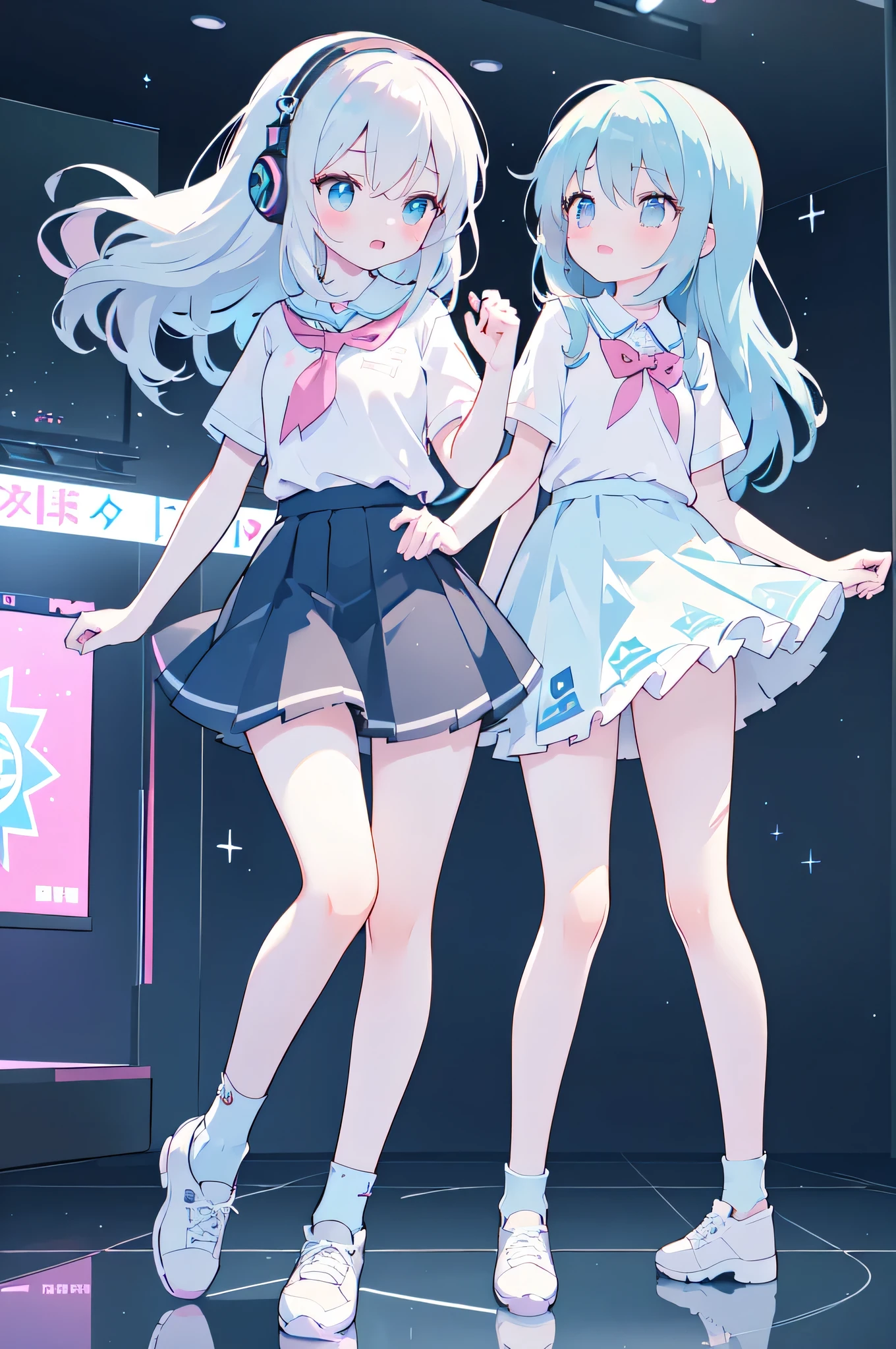 idol, yuri, bishoujo, masterpiece,best quality,official art,extremely detailed CG unity 8k wallpaper,Alice Blue Headphones, Military school blue medium long hair,nose blush , shy, embarrassed , aqua eyes, beautiful detailed eyes, sky blue eyes,（（Light blue shirt T-shirt）），Short-sleeved shirt with pattern，（（Light blue football socks）），（（Gray sneakers）），Mechanical Fans，Perfect hands,White skin,Pink jade feet,Attractive anime girl,Seducing the audience,slim body,Long, thin legs,full body lesbian,full-body shot,Looking directly at the audience,Do not wear short skirts,No long skirt，Do not wear a school uniform