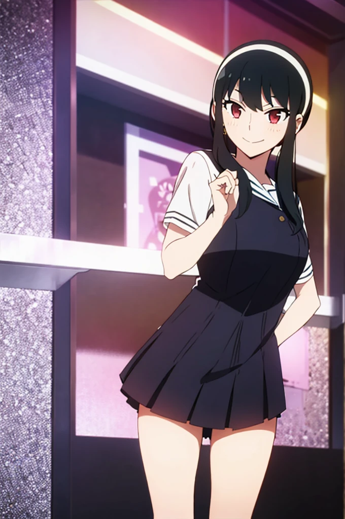 (masterpiece, highest quality: 1.2), alone, 1 girl, alone, panties，，黒いschool uniform，Sailor suit，blazer，your heather, smile, Mouth closed, View audience, Long black hair, head band,  Earrings, Big Breasts, Medium Waist, Medium Hips, wide thighs, Embarrassing, attractive, smiling with her Mouth closed, Good move., Excellent anatomy,panties，classroom，，Sailor suit，blazer，