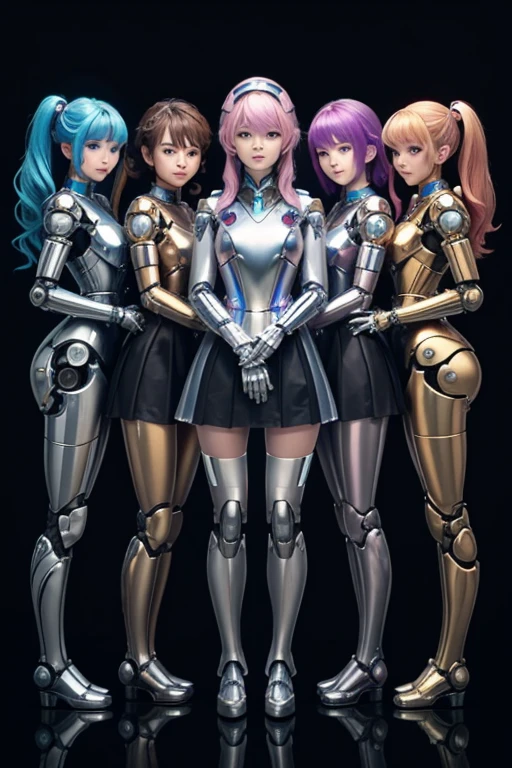 Many girls transformed into robots,
 whole body mechanics,　
 Only the faces of all of them remain human.,
 They all have different hair colors and hairstyles.,
 Everyone&#39;s entire body is mechanical and made of metal.,
 Everyone&#39;s whole body is mechanical and metallic, and they&#39;re all different colors.,
 Not all body shapes are the same,
 Everyone has different foot shapes,
 They all have height differences,
 The bodies bear little resemblance to each other,
 All standing together,
 Everyone smiles at the master,
 Group Selfie,
 full body shot,
 Looks like a whole body,
 wear clear princess dress,
 retina,
 table top, Accurate, anatomically correct, advanced details, highest quality, High resolution