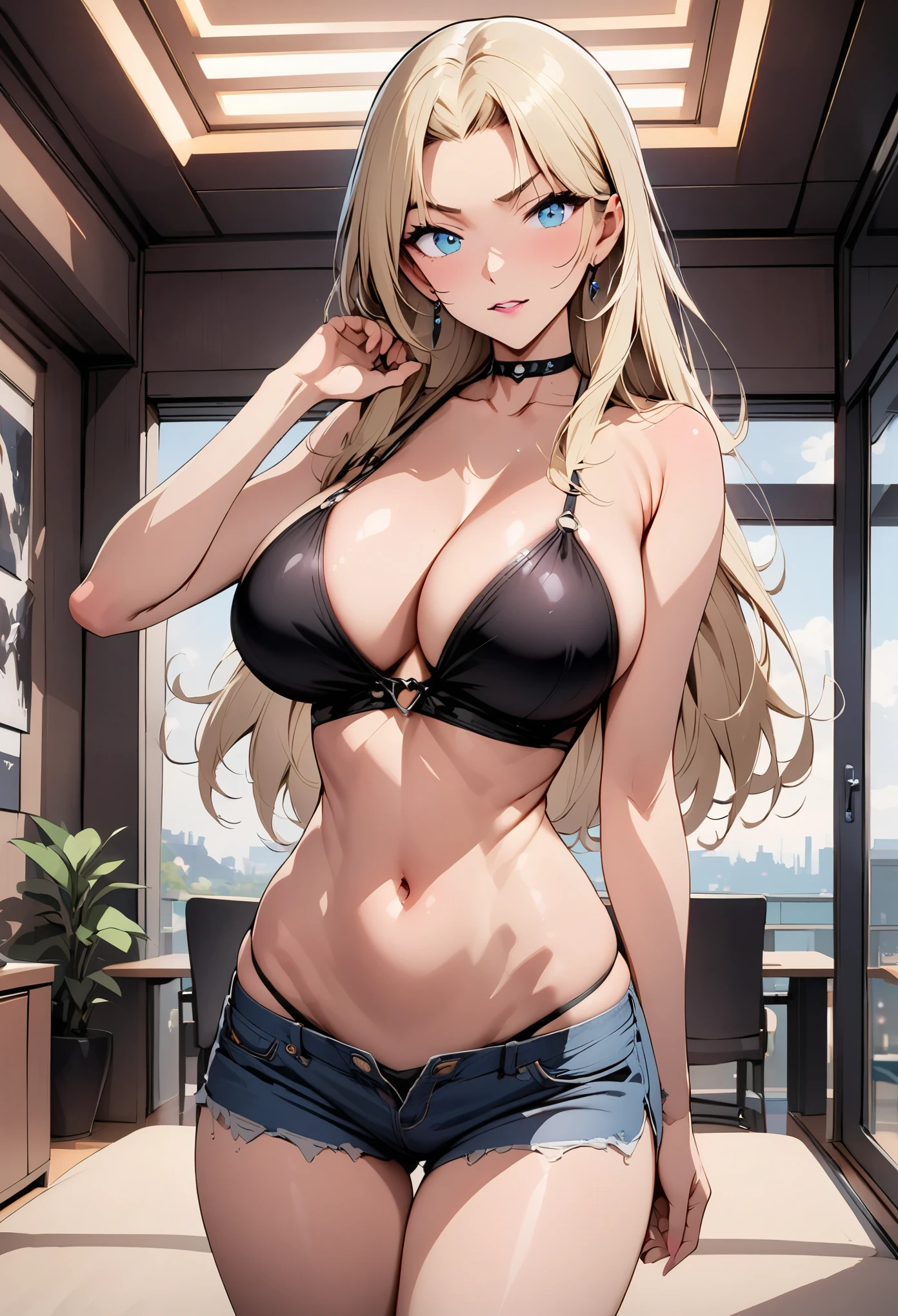 （Best quality,masterpiece：1.3），blonde,denim hot pants,Big ,Perfect body,full-body shot,Cool poster sexy beauty,individual，Anime style