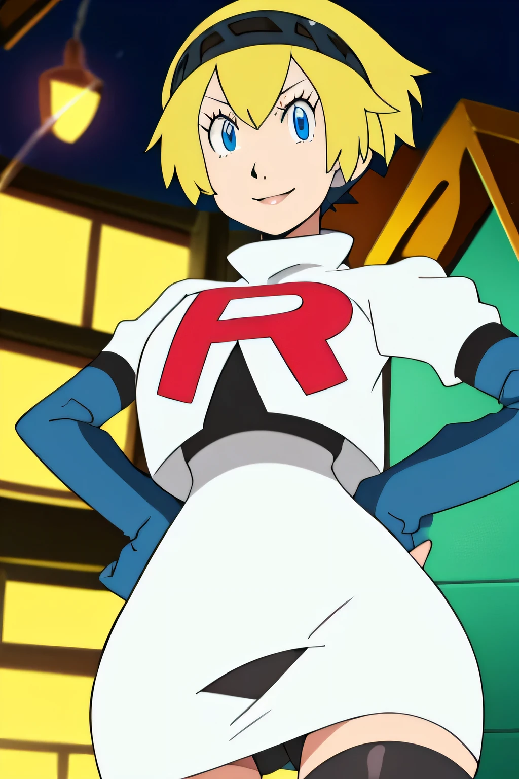 8k, masterpiece,highres,team rocket uniform, red letter r, white skirt,white crop top,black thigh-high boots, black elbow gloves, seductive smile, looking down at viewer, hands on hips, cowboy shot, zettai ryouiki,from below, black panties,anime style, vivid colors, sharp focus, intense lighting,Persona3Aigis ,glossy lips, light makeup