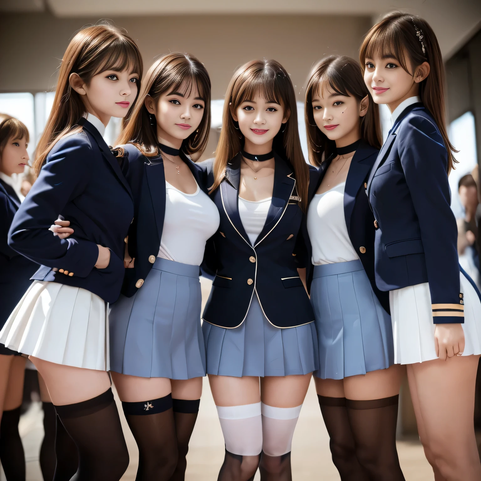 ((masterpiece, High resolution)), ((Thousands, Crowd)), girl, group, clone, (( brown haired girl, blonde girl)), elegant, rich girl, Emotionless, Arms at your sides, Straight spine, (((Matching outfits, Same clothes, Navy blue uniform, Sexy Uniform, Navy blue blazer, Short skirt, White knee socks, Long white socks, Black high heels))), Upright immobile posture, shoulder to shoulder, Same pose, sisters lined up neatly, Many lines, Crowd Shot, ((Black Choker, blue eyes, Very long eyelashes, bangs, Big Breasts, smile)),slim、lecture hall