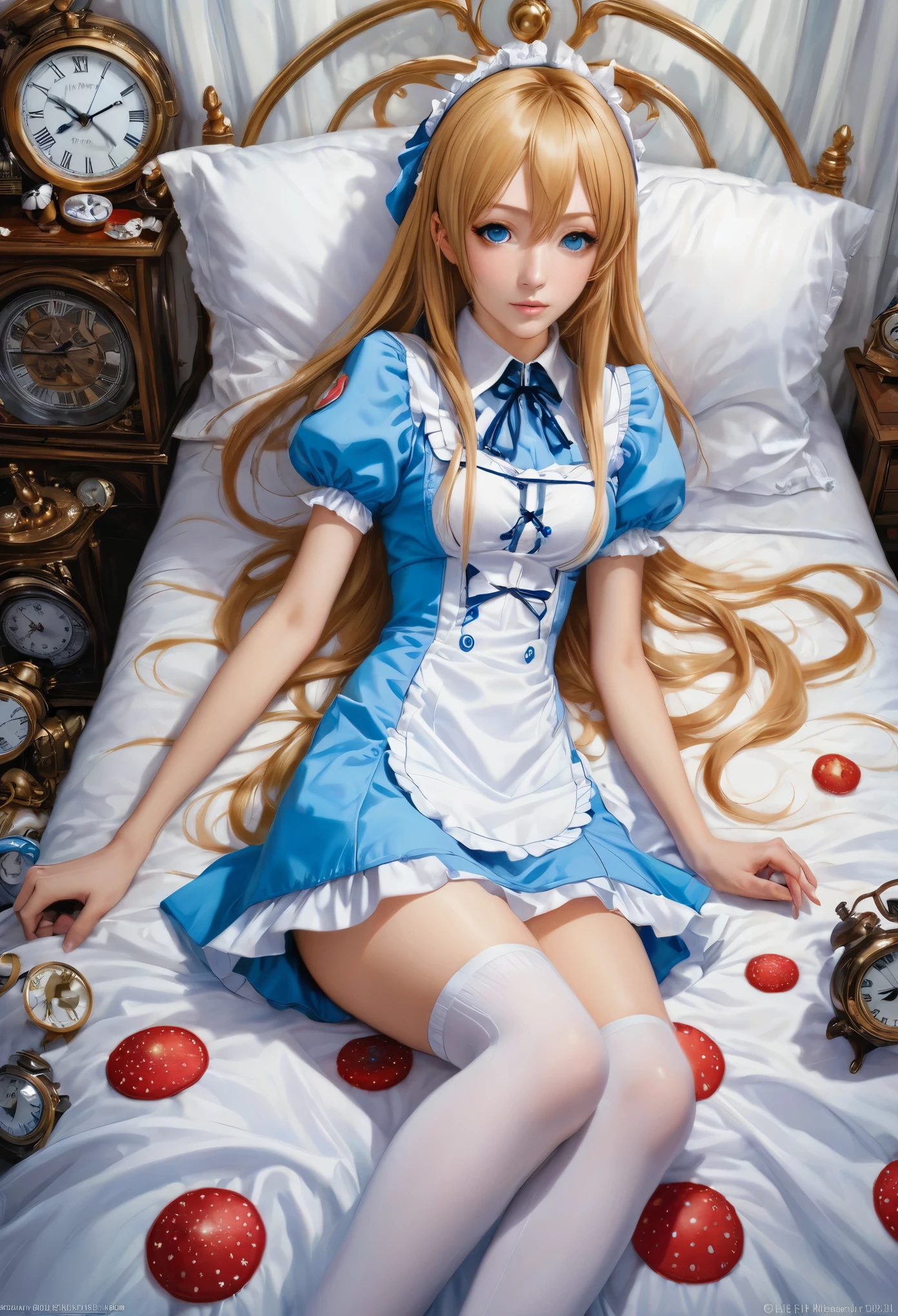 Obra maestra, Asuna, con sus ernormes ojos estilo anime, is a sexy Alice in Wonderland with blonde hair, (vestido azul claro con delantal blanco:1.2), (medias blancas:1.2), escote, Dynamic, ultra high definition, 32K, (perfect anatomy:1.5), piernas perfectas, al estilo de Artgerm y Adam Hughes, lying in bed between red sheets embroidered with clocks and fantastic mushrooms.
