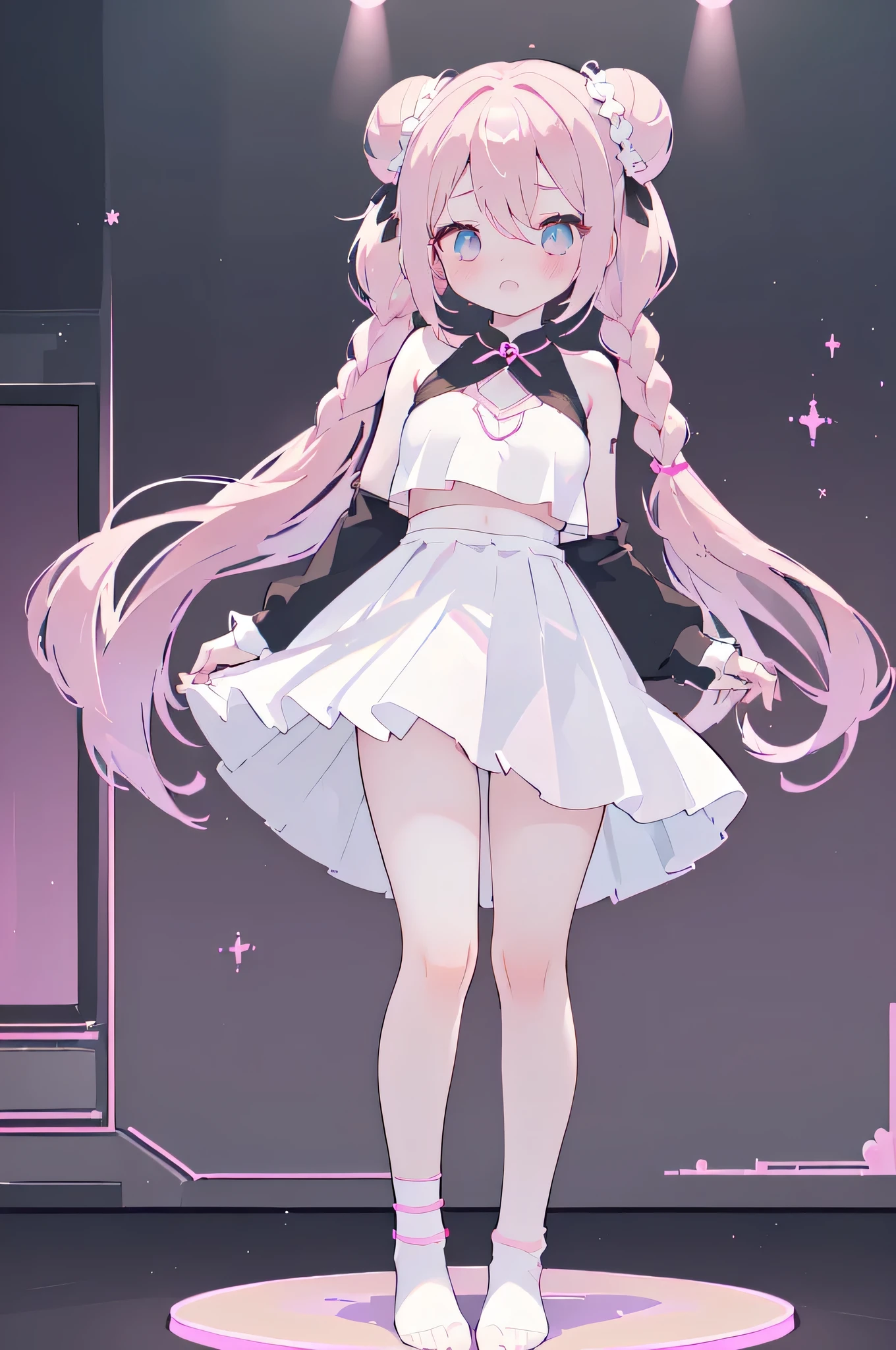 (idol, yuri, bishoujo, masterpiece,best quality,official art,extremely detailed CG unity 8k ，Light pink brown hair，side braid, double_bun, Symmetrical black succubus horn hairpin，nose blush , shy, embarrassed , aqua eyes, beautiful detailed eyes, grey eyes, huge breasts, between breasts, breasts apart, hanging breasts, bouncing breasts, bikini top only ,black pleated_skirt,grey loose socks, Black Silk Stockings and White socks,80D high-quality white stockings with pink edges,((no shoes, Perfect hands,White skin,Pink jade feet,Attractive anime girl,Seducing the audience,slim body,Long, thin legs,full body lesbian,full-body shot,Looking directly at the audience,Standing，摆pose,Pink edge white with black socks,The characters are in the correct proportions,Only two feet,Two hands,Two Legs,Two arms,One body)),