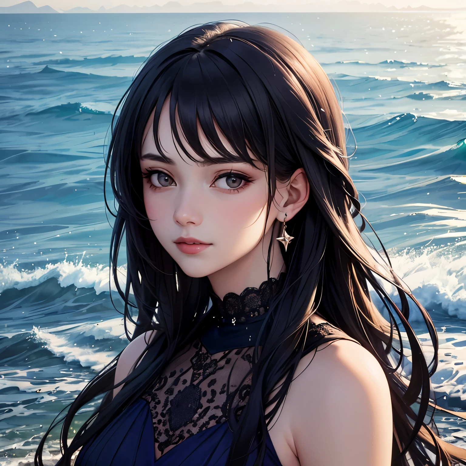 ((best quality)), ((masterpiece)), (detailed), Hyper-realistic portrait of a majestic young woman in her mid-20s, with a confident expression, wearing a flowing purple and gold dress. Black sand beach background with blurry bokeh lights for depth, a touch of starlight, and a subtle wave crashing on the shore.
